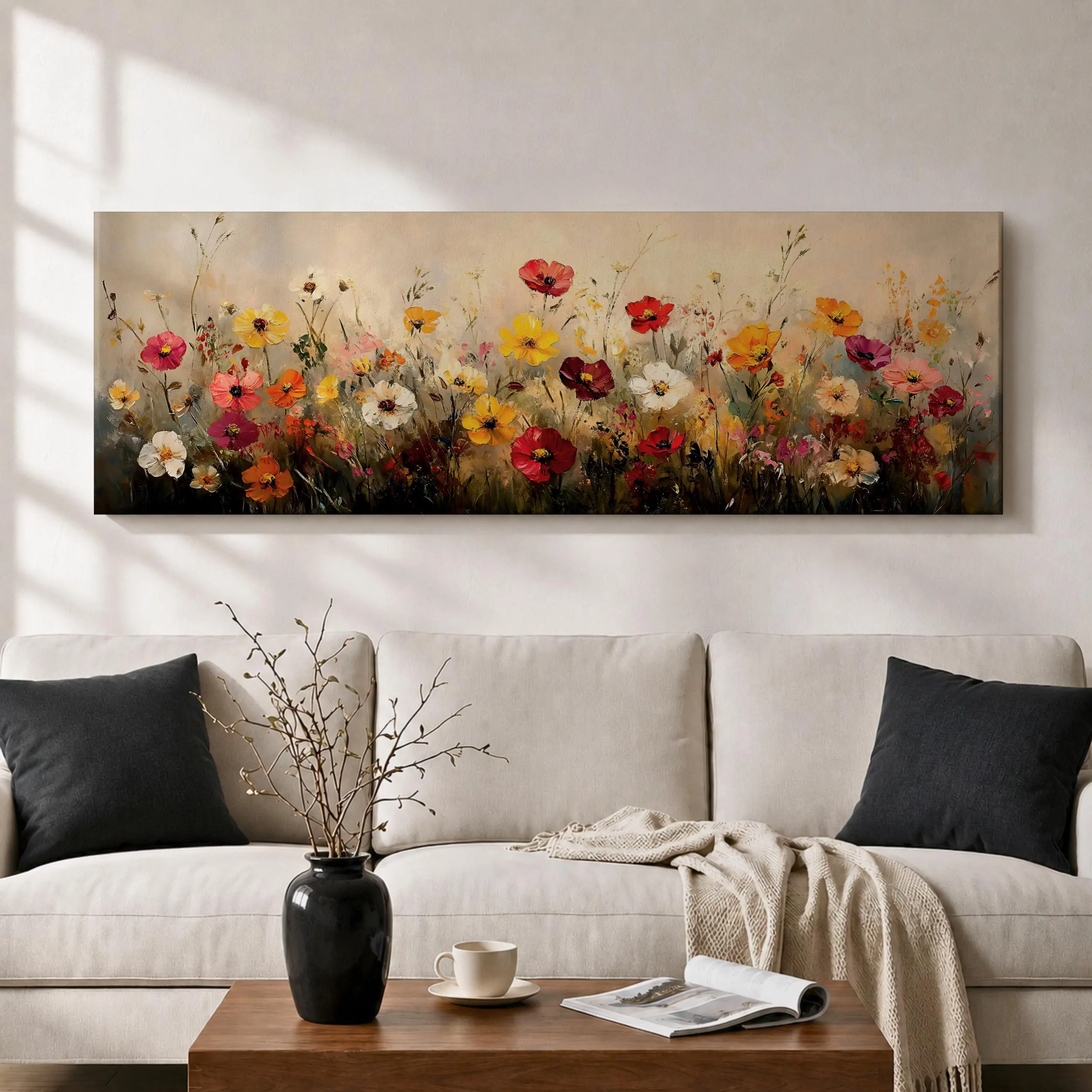 Long Horizontal Wildflower Meadow Canvas, Poppy Field Wall Art, Rustic Floral Landscape Decor