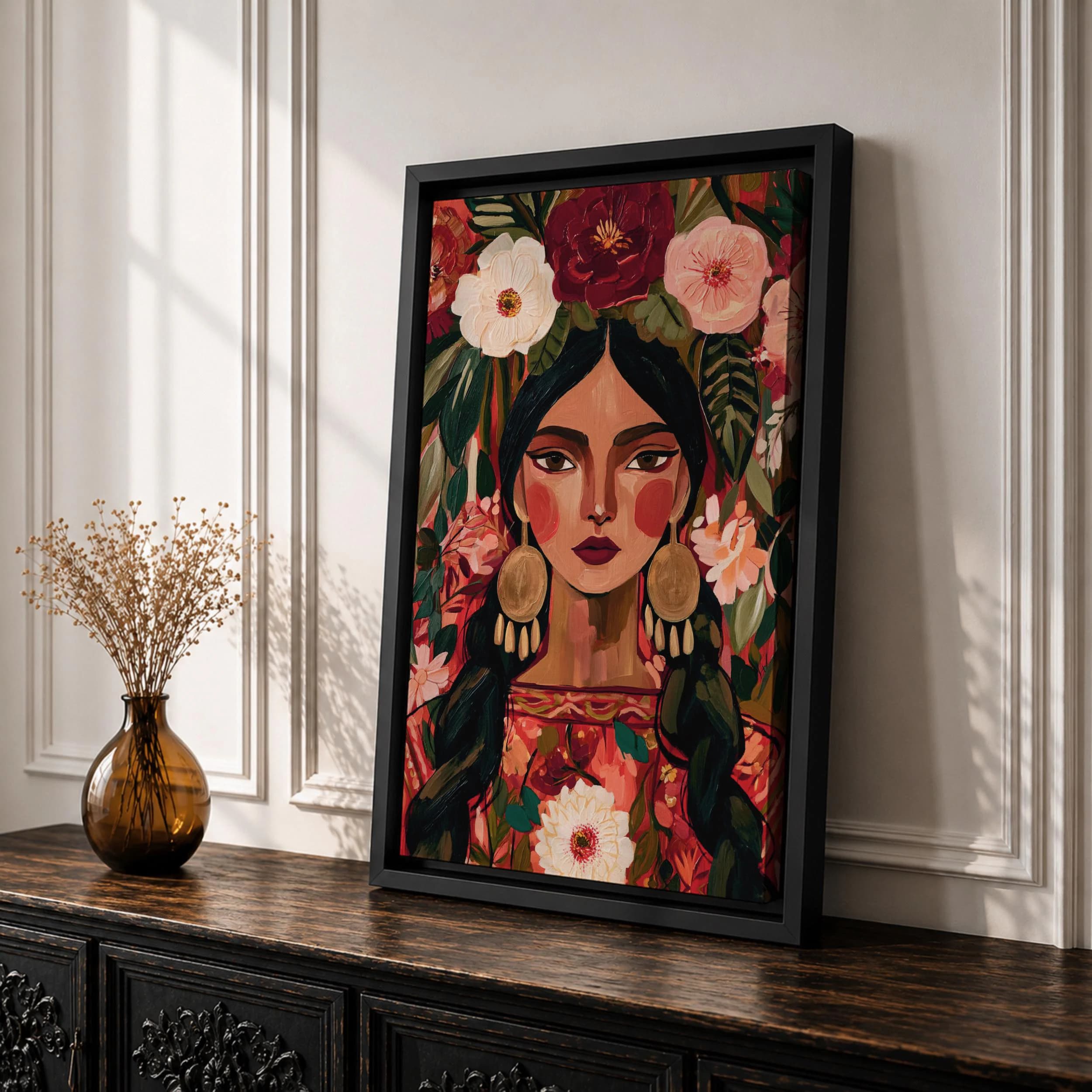 Mexican Woman Canvas Print, Floral Folk Art Portrait, Colorful Latina Painting, Bohemian Wall Decor - image 4