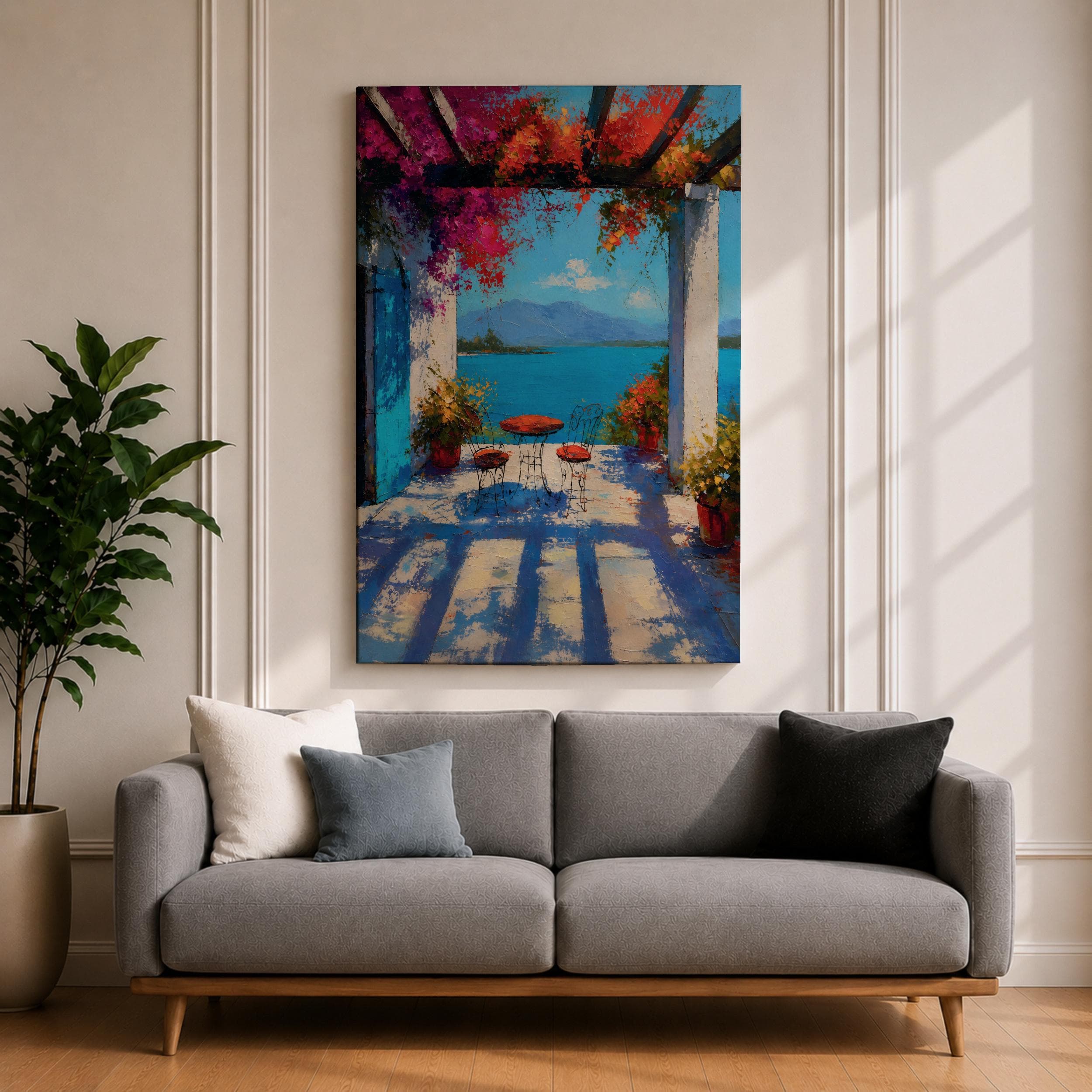 Mediterranean Terrace Canvas Print, Blue Sea View Painting, Bougainvillea Pergola Patio Wall Decor - image 3