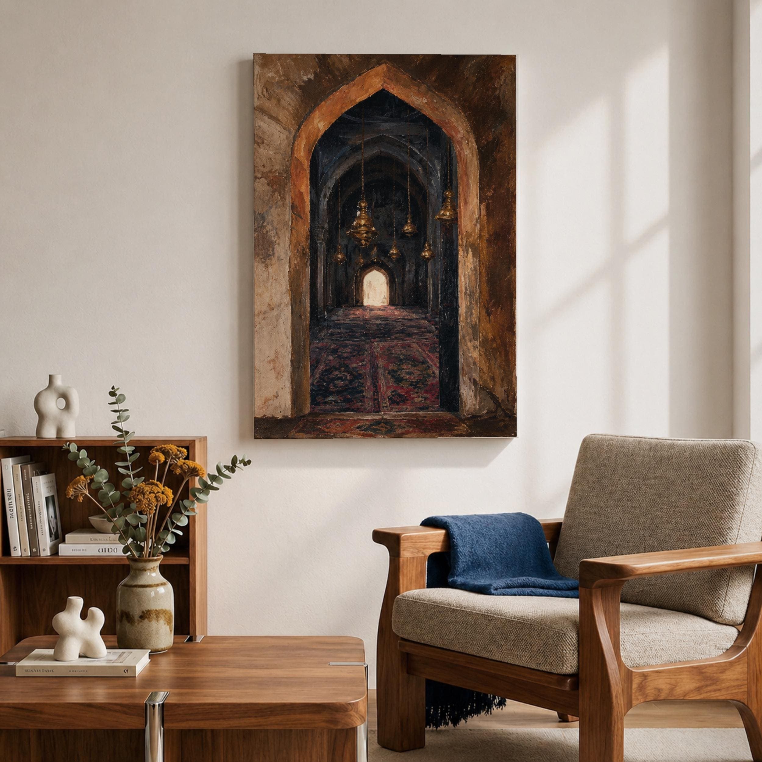 Mosque Archway Canvas Print, Islamic Prayer Hall, Antique Gold Lanterns, Vintage Persian Rug Painting - image 5