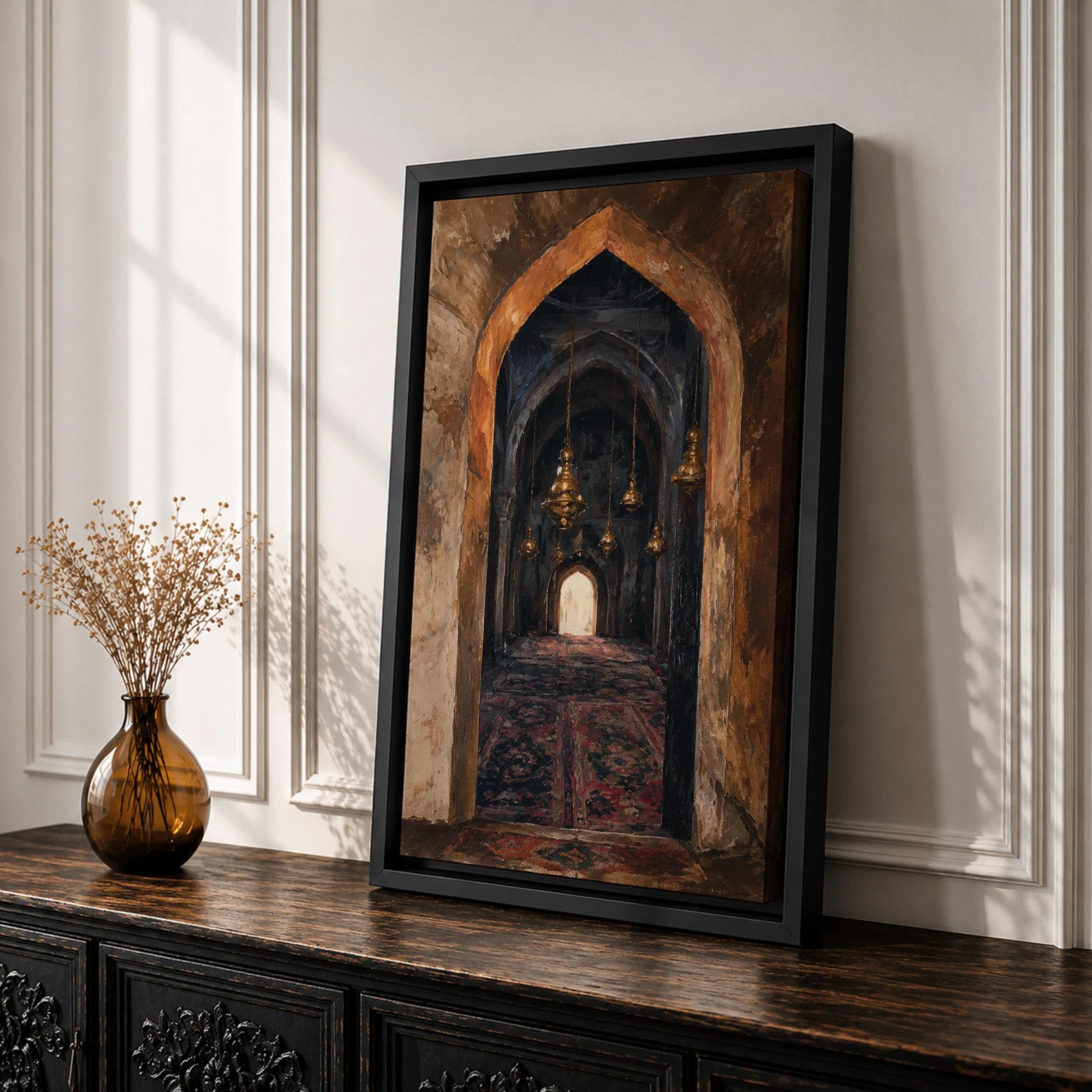 Mosque Archway Canvas Print, Islamic Prayer Hall, Antique Gold Lanterns, Vintage Persian Rug Painting - image 4