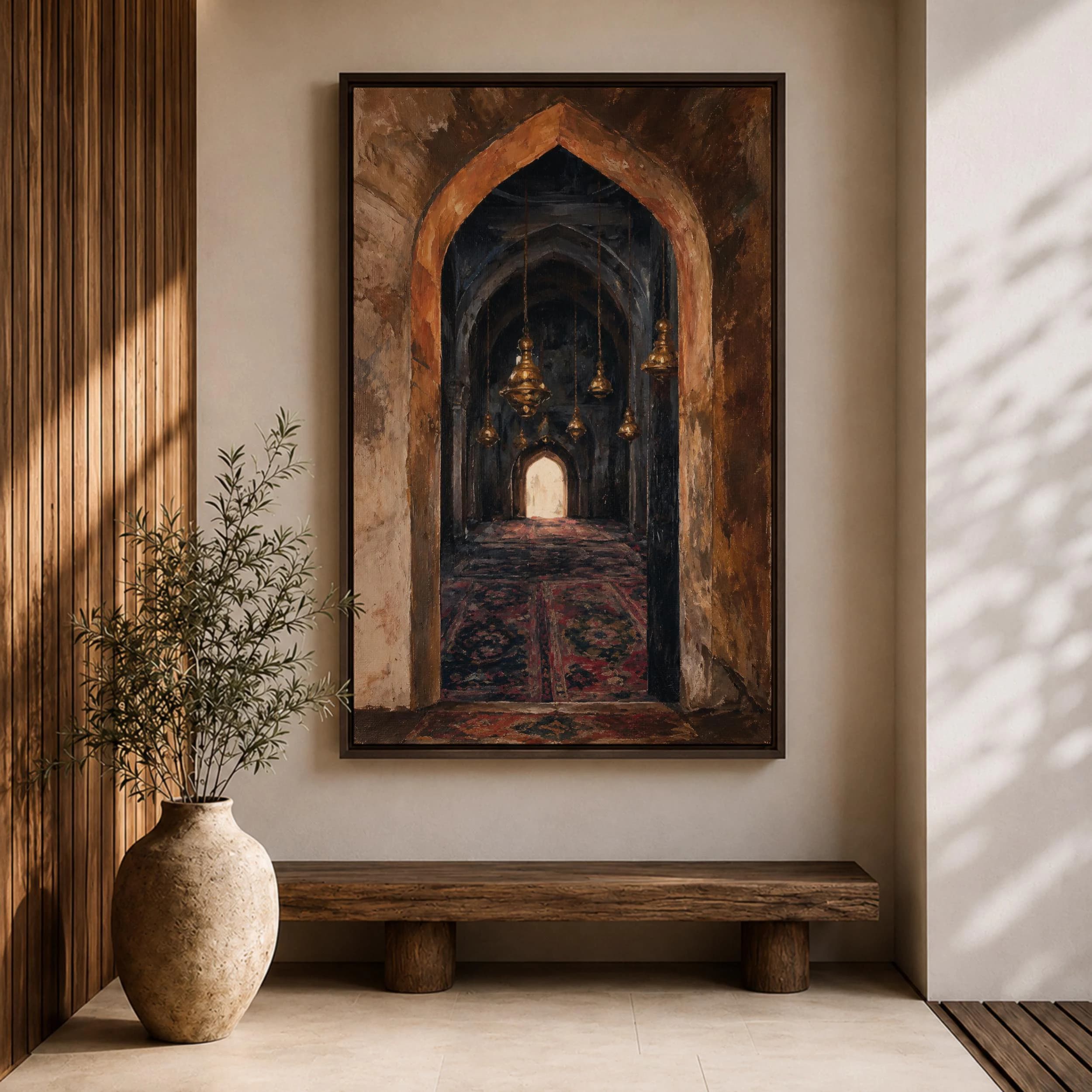 Mosque Archway Canvas Print, Islamic Prayer Hall, Antique Gold Lanterns, Vintage Persian Rug Painting