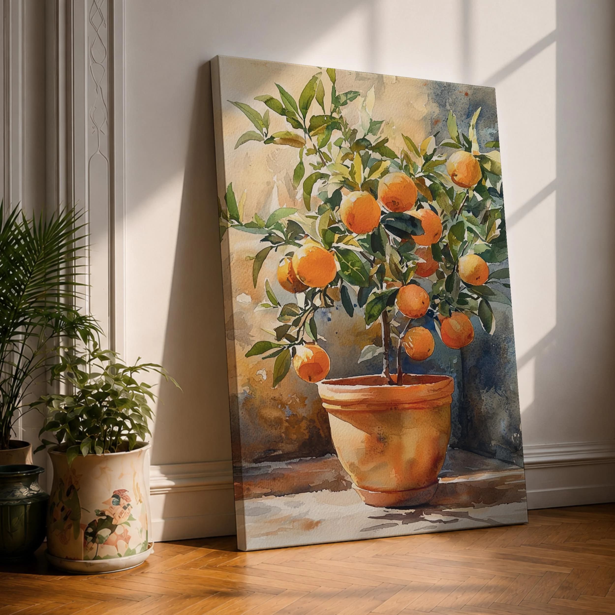 Potted Orange Tree Canvas Print, Mediterranean Watercolor Painting, Italian Kitchen Decor, Citrus Wall Art