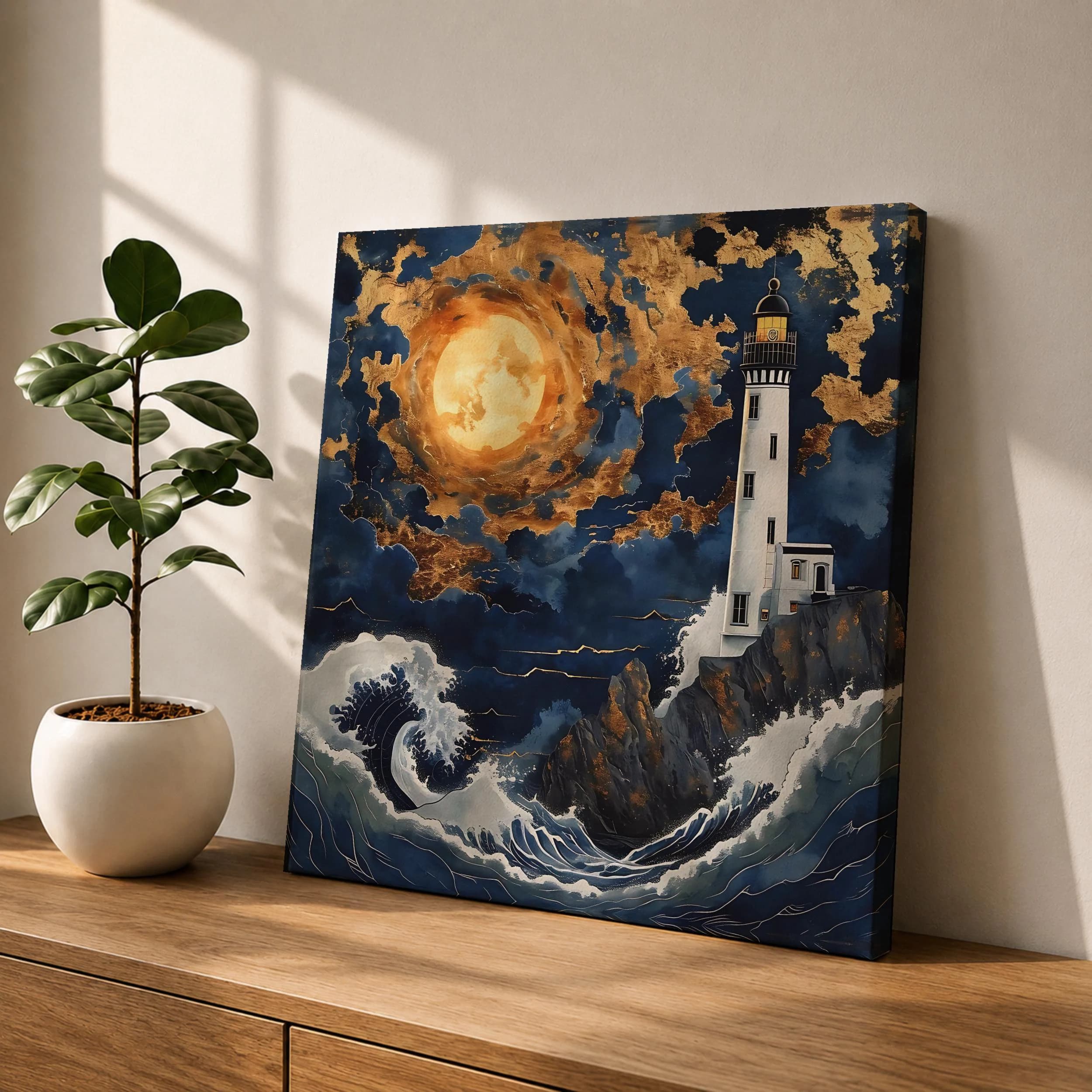 Moonlit Lighthouse Canvas Print, Navy Blue Gold Ocean Waves Wall Art, Coastal Seascape Painting