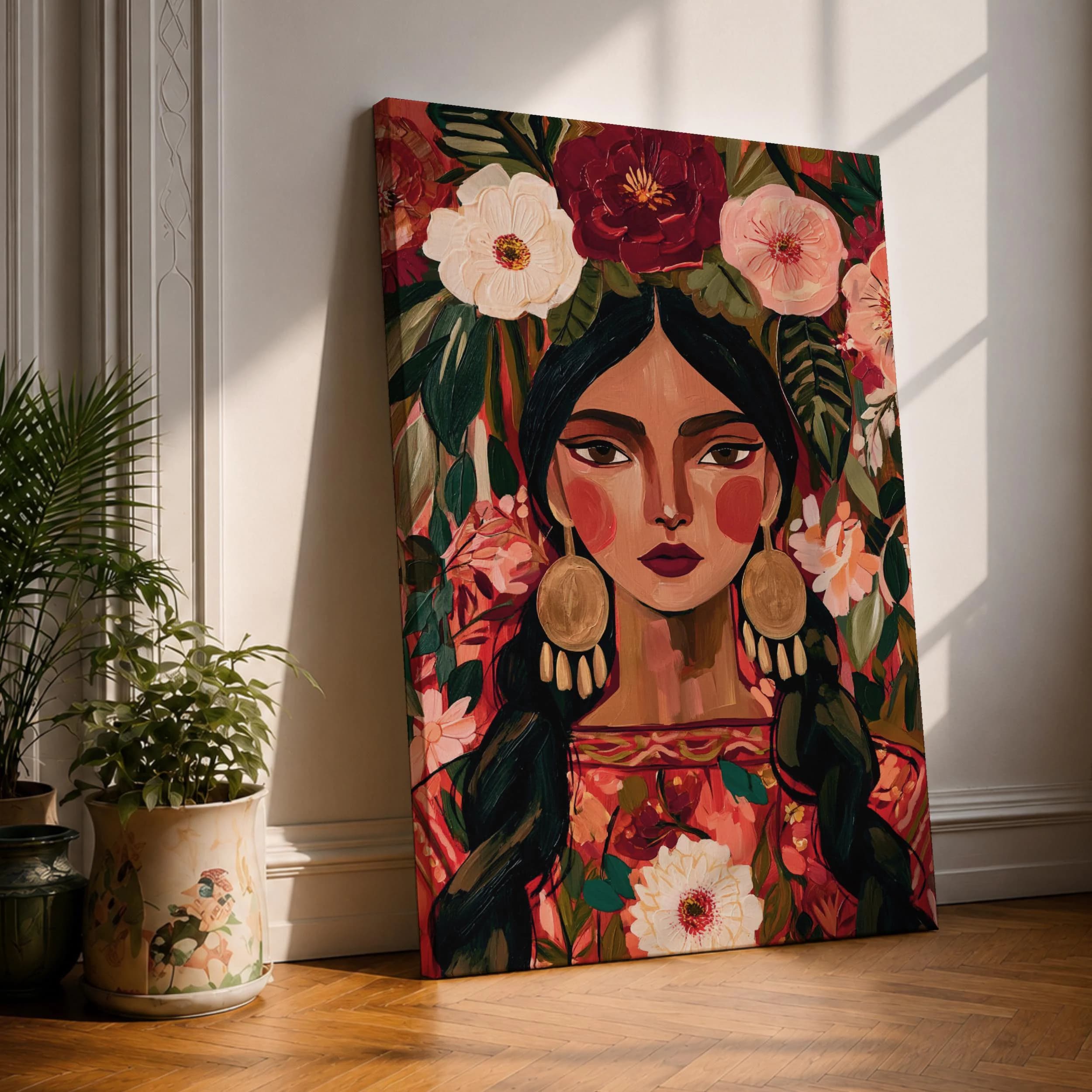Mexican Woman Canvas Print, Floral Folk Art Portrait, Colorful Latina Painting, Bohemian Wall Decor