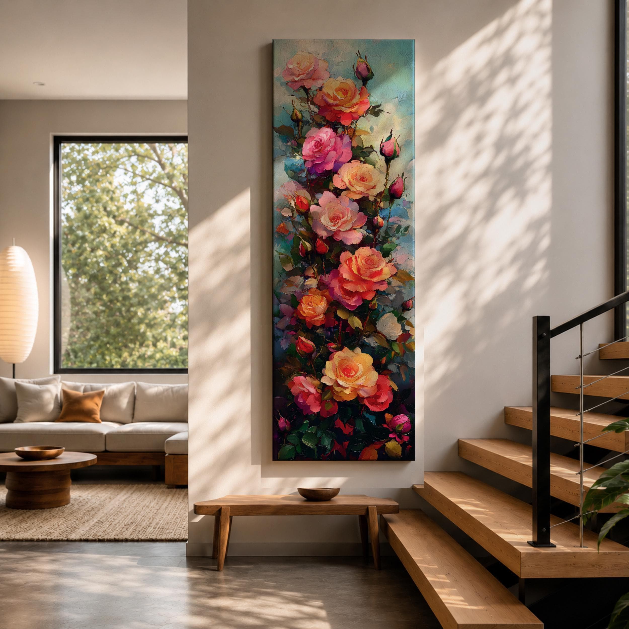 Tall Narrow Rose Wall Art, Floral Canvas Print, Romantic Botanical Vertical Decor