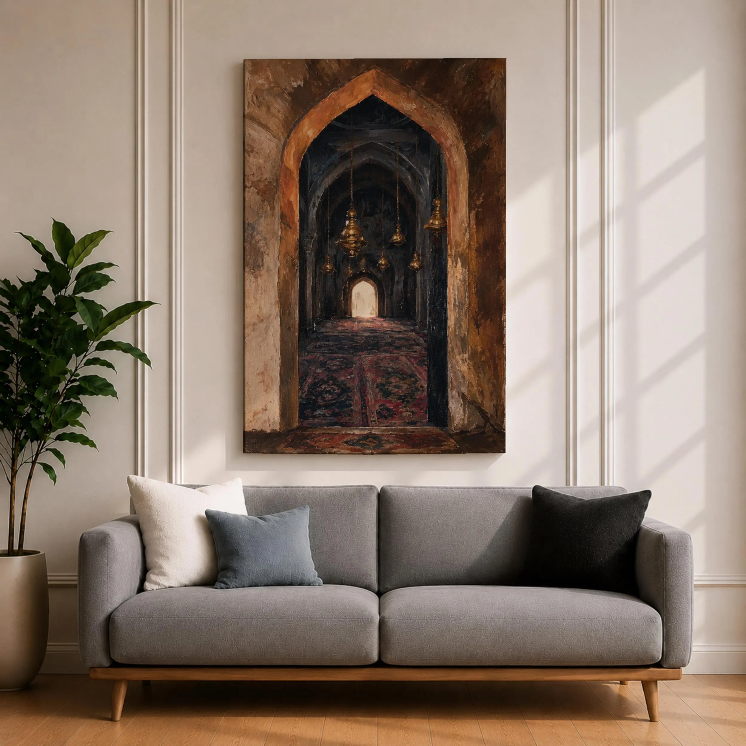 Mosque Archway Canvas Print, Islamic Prayer Hall, Antique Gold Lanterns, Vintage Persian Rug Painting - image 3