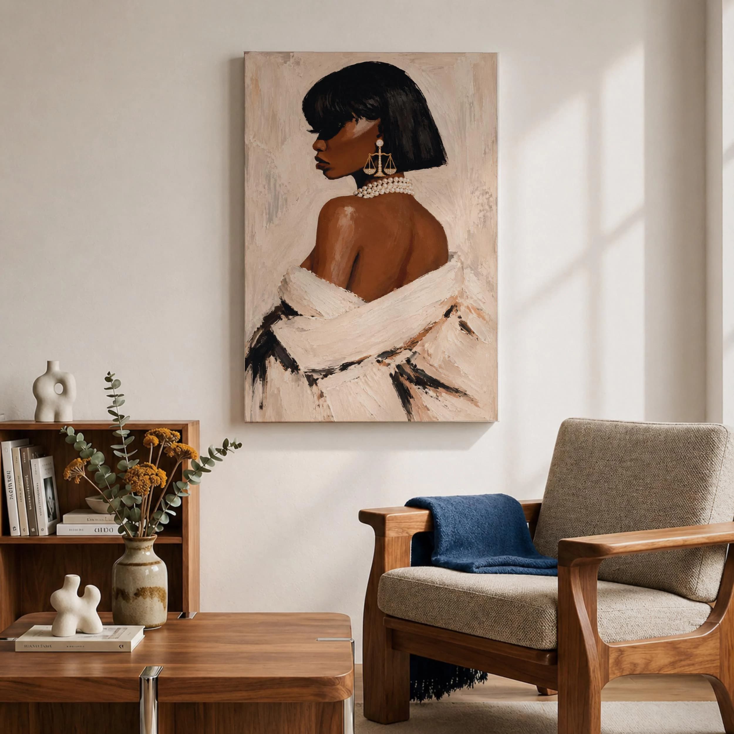 Black Lady Justice Canvas Print, Pearl Necklace Portrait, Gold Scales Earrings, Feminine Legal Painting - image 5