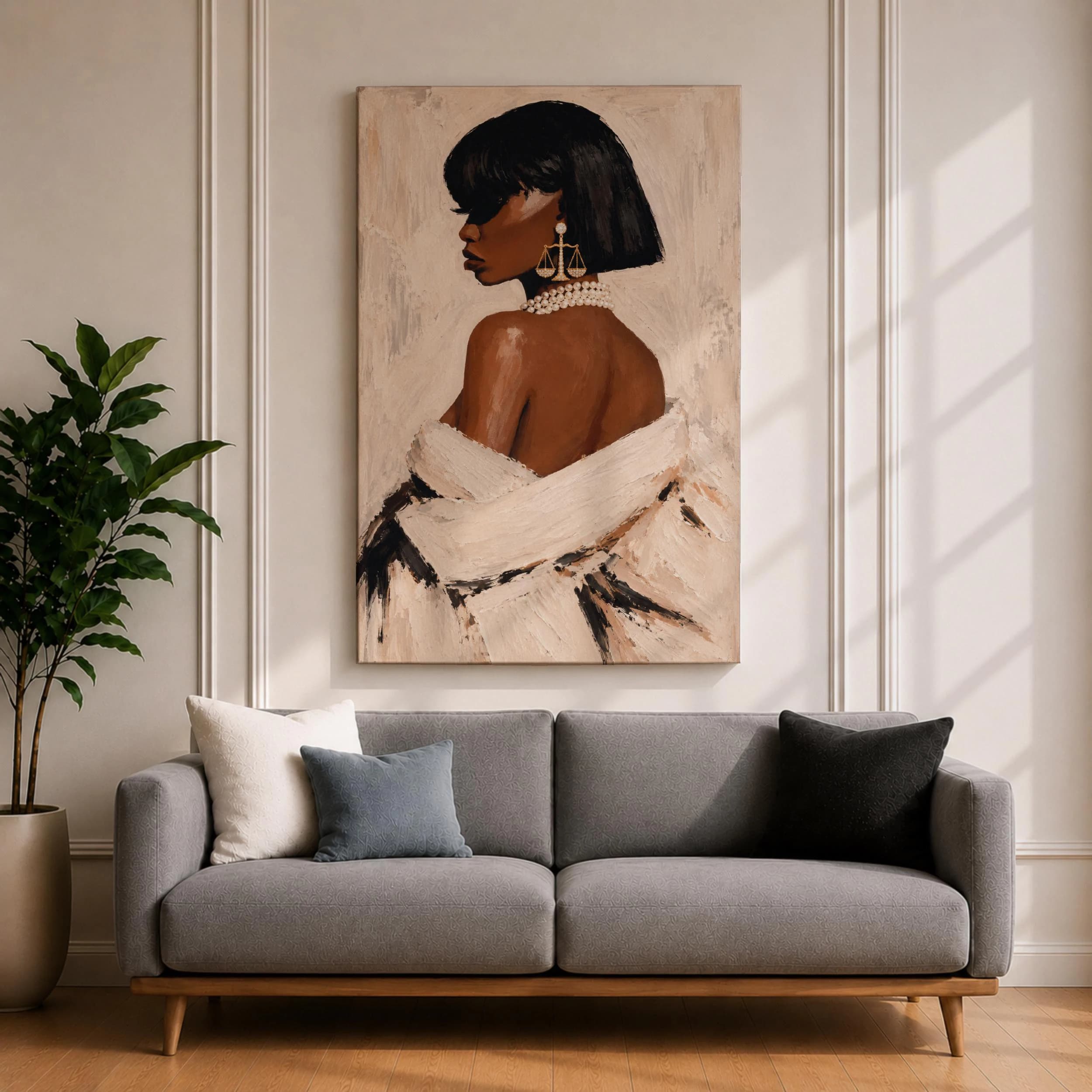 Black Lady Justice Canvas Print, Pearl Necklace Portrait, Gold Scales Earrings, Feminine Legal Painting - image 3