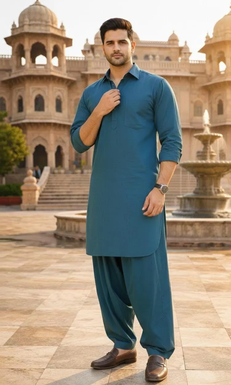 Men's Teal Blue Cotton Shalwar Kameez – Modern Slim Fit Pakistani Kurta Set - image 4