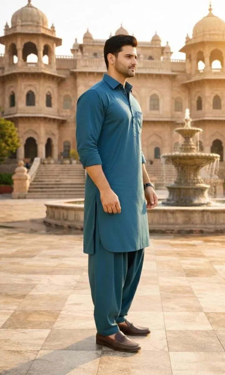 Men's Teal Blue Cotton Shalwar Kameez – Modern Slim Fit Pakistani Kurta Set - image 2