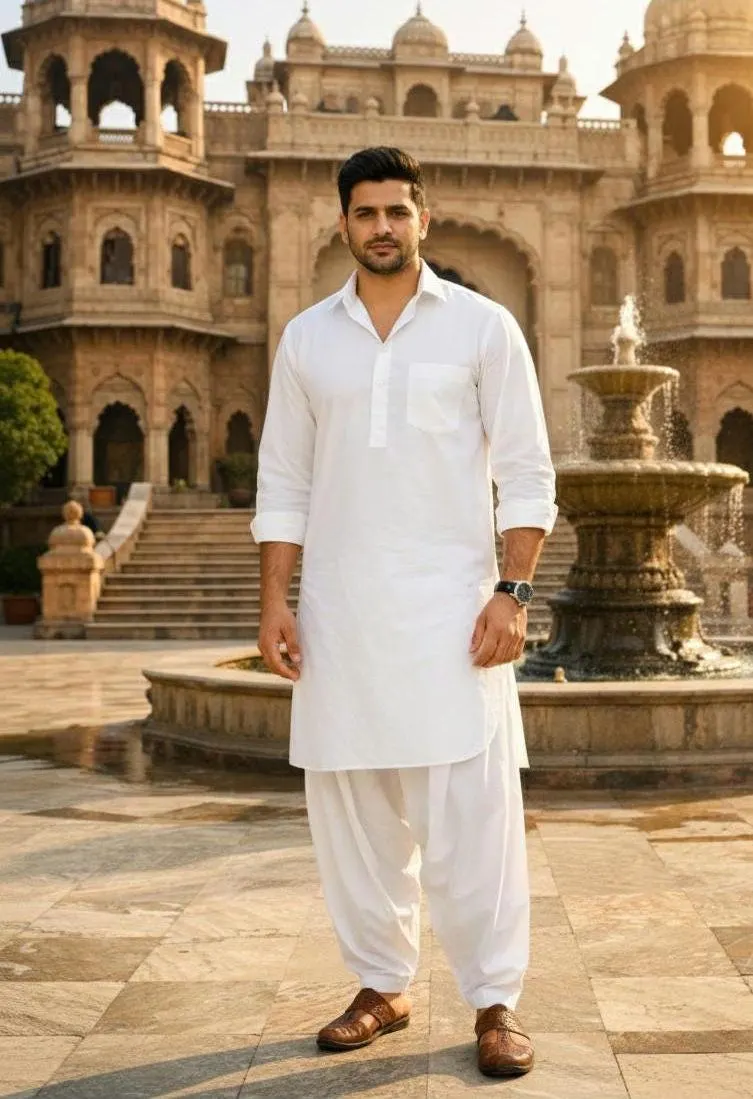 Men's White Cotton Pathani Suit | Traditional Indian Wedding Kurta Shalwar, Eid Wear