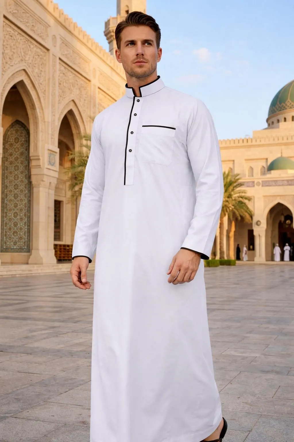 Modern White Thobe Jubba with Black Piping | Emirati Style Kandura for Men