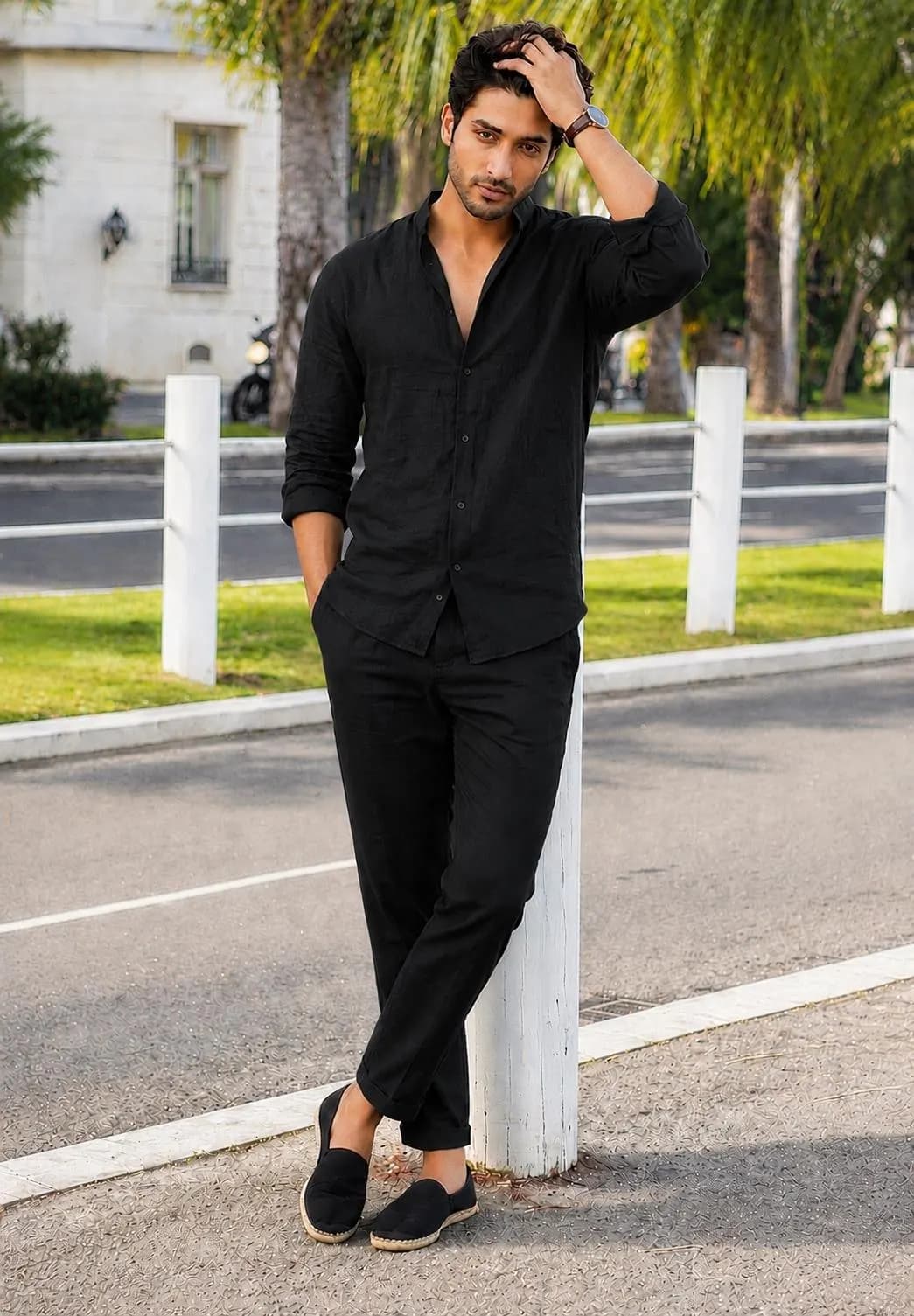Men's Black Linen Shirt and Trousers Set, Summer Beach Wedding Outfit