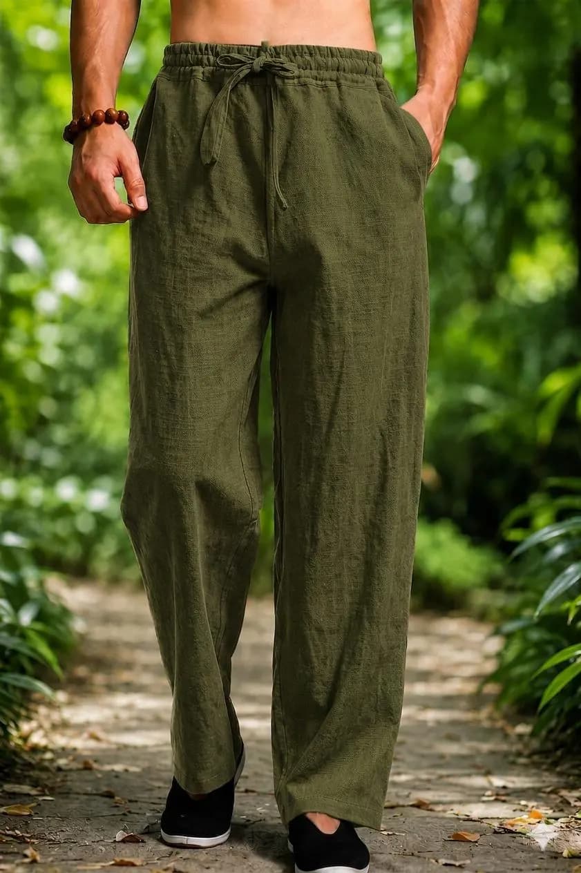 Men's Linen Cotton Trousers, Olive Green Relaxed Fit, Elastic Drawstring Waist