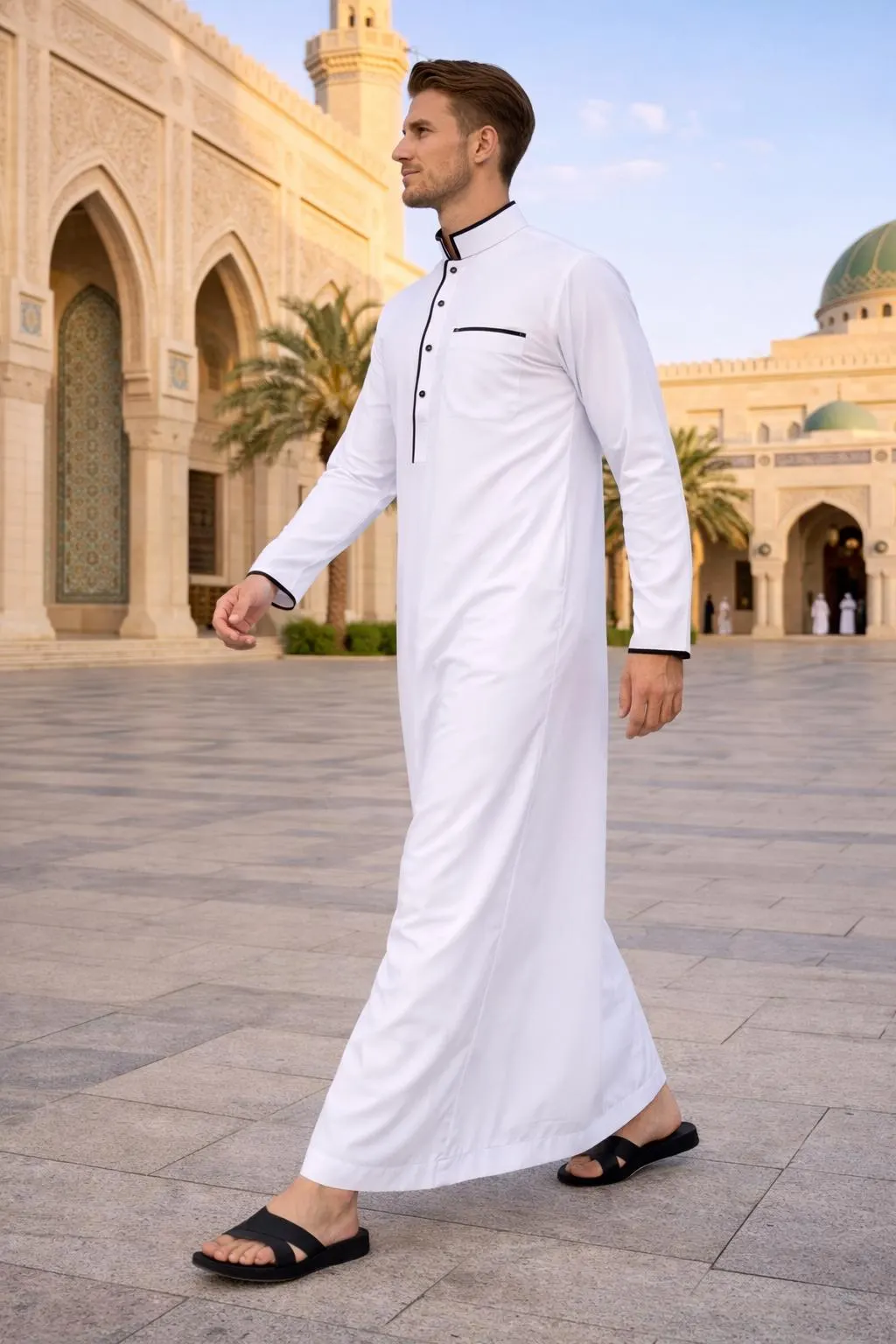 Modern White Thobe Jubba with Black Piping | Emirati Style Kandura for Men - image 4