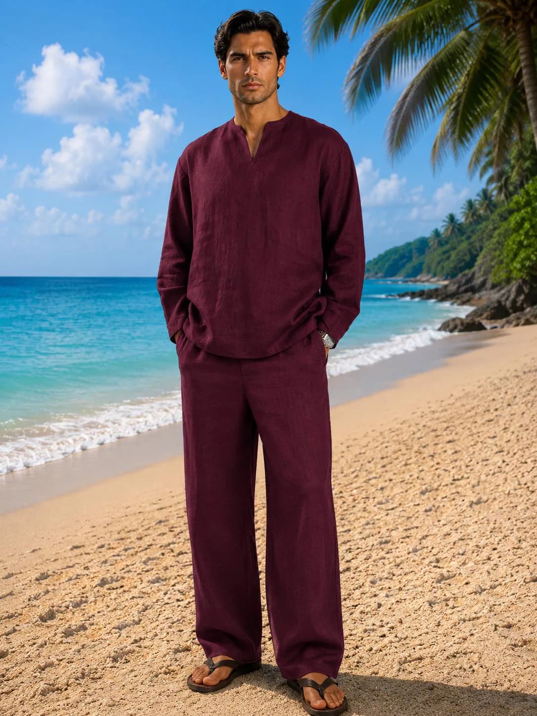 Burgundy Linen Shirt and Pants Set, Relaxed Fit Beach Vacation Resort Wear