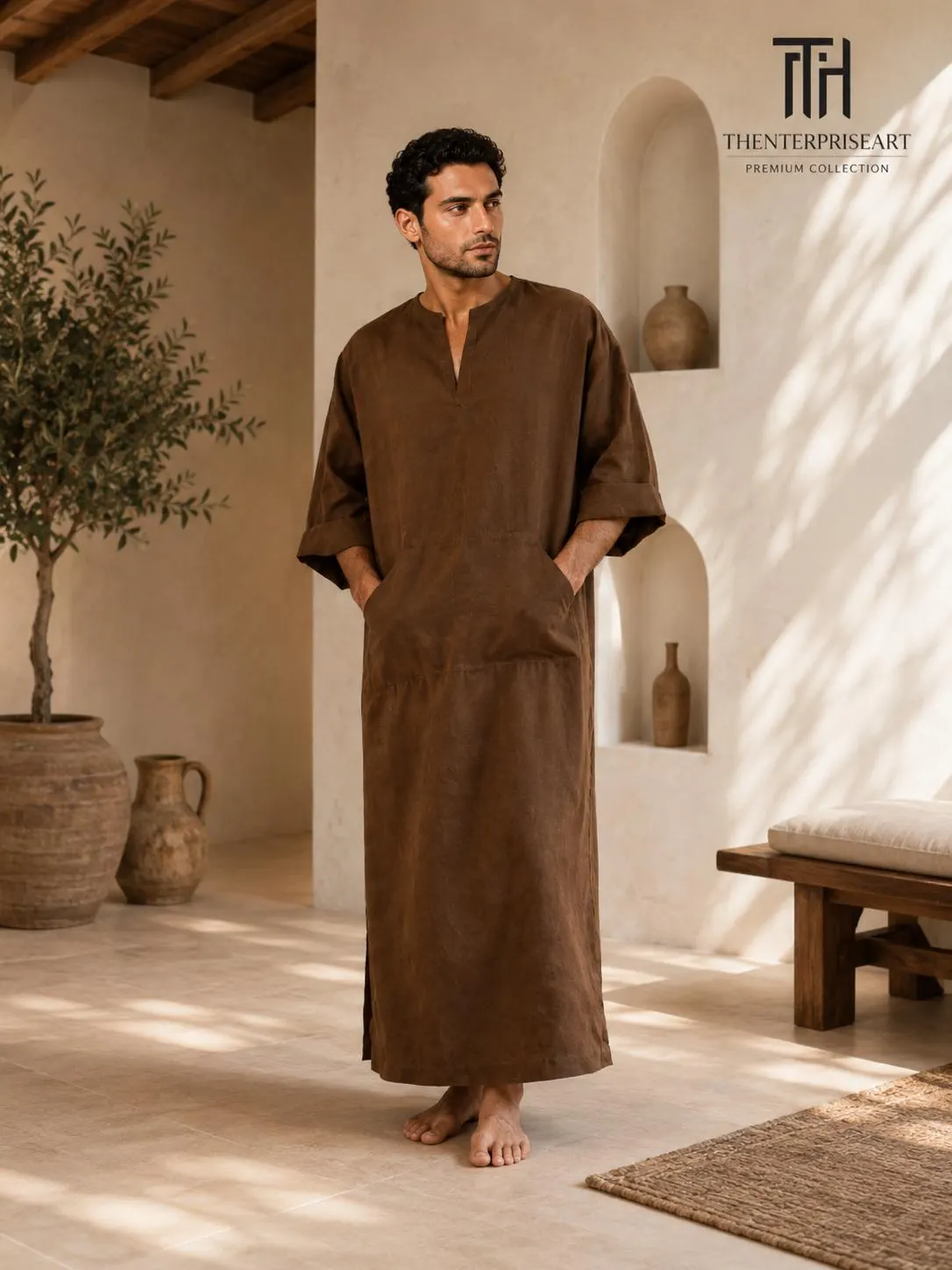 Men's Linen Blend Kaftan Robe | Arabic Thobe, Muslim Prayer Dress, Casual Lounge Wear
