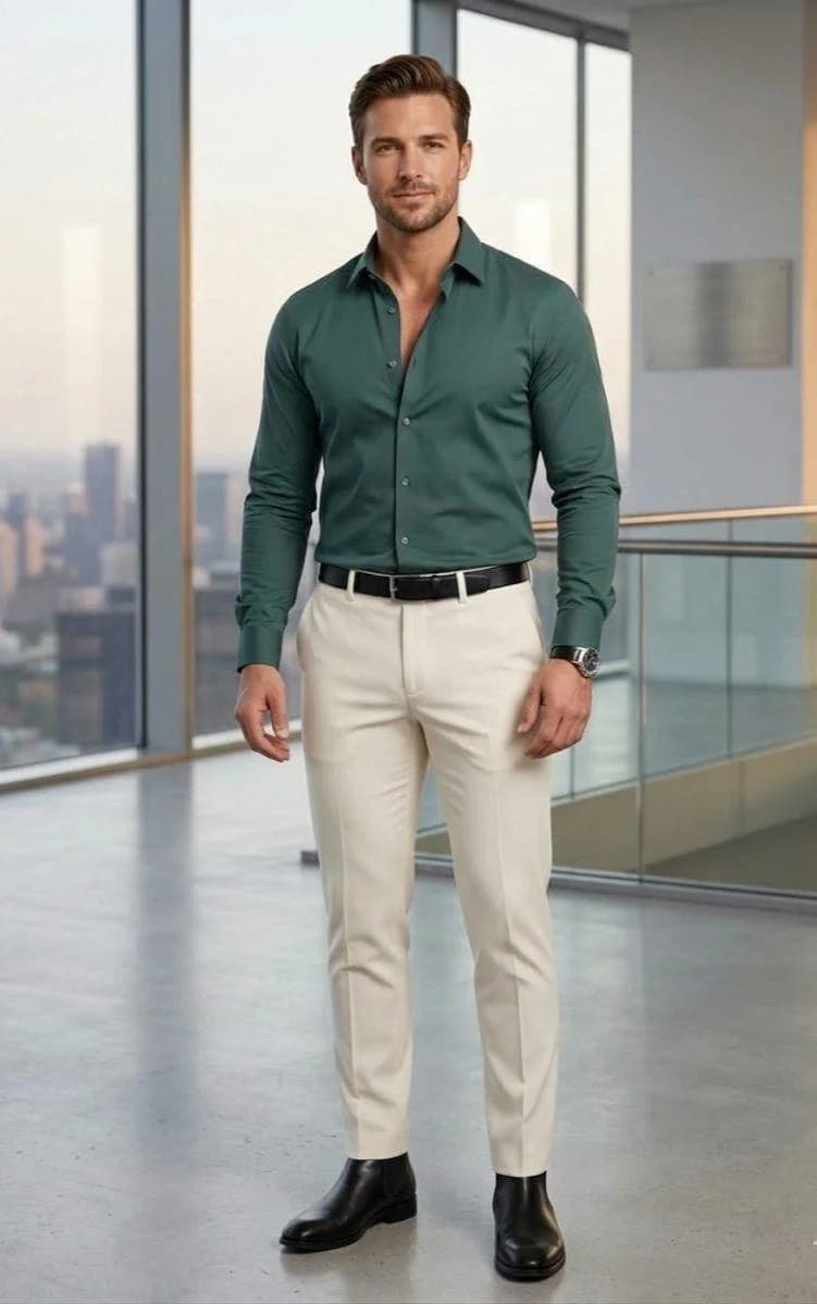 Men's Slim-Fit Silk-Cotton Blend Dress Shirt | Emerald Green, Spread Collar, Wrinkle-Resistant Trousers