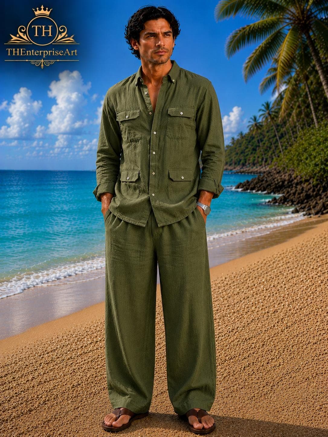 Men's Olive Green Linen Shirt and Trouser Set, Relaxed Fit Beach Resort Wear