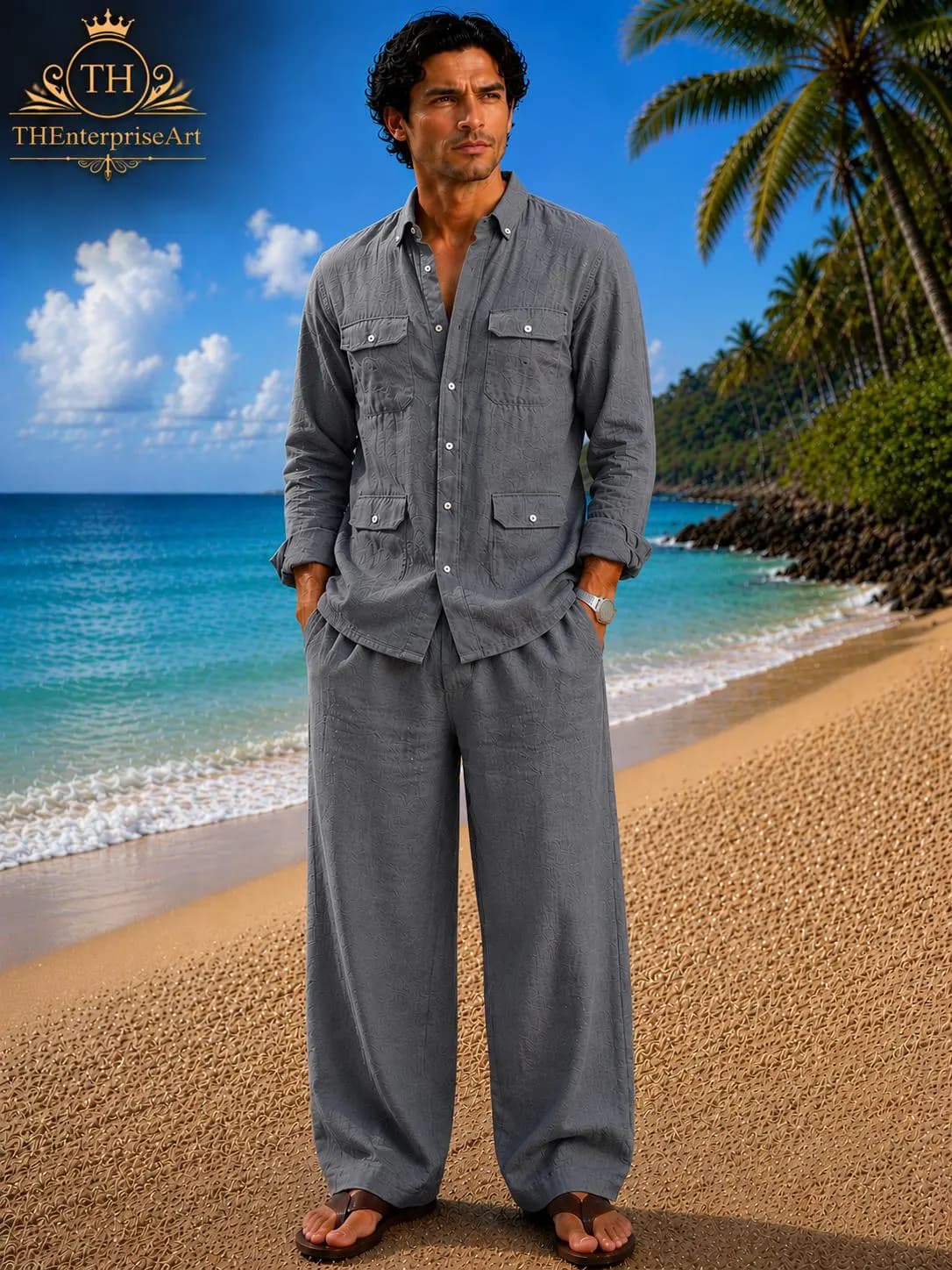 Men's Gray Linen Shirt and Trouser Set, Beach Resort Wear Summer Outfit