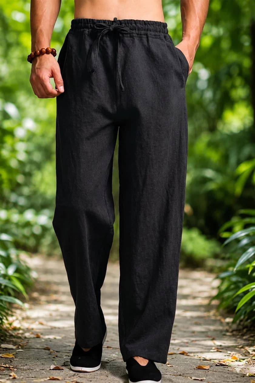 Men's Linen Cotton Trousers, Olive Green Relaxed Fit, Elastic Drawstring Waist - image 4