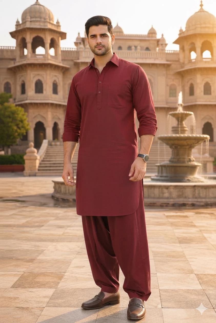 Men's Red Maroon Shalwar Kameez | Morden Pakistani Kurta Pajama Set | Cotton Ethnic Pathani Suit.