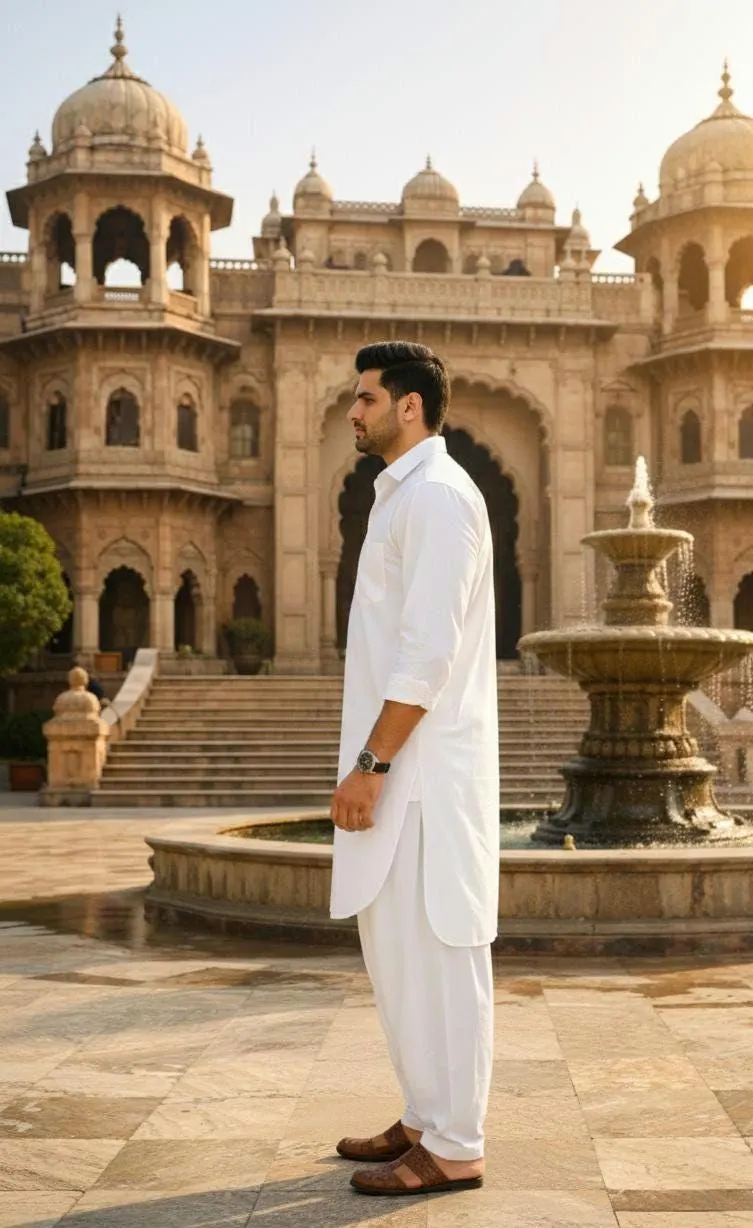 Men's White Cotton Pathani Suit | Traditional Indian Wedding Kurta Shalwar, Eid Wear - image 4