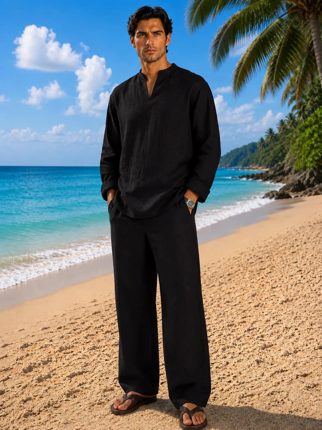 Black Linen Kurti Shirt and Trouser Set, Relaxed Fit Beach Vacation Resort Wear