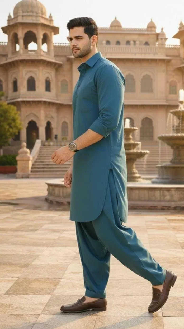 Men's Teal Blue Cotton Shalwar Kameez – Modern Slim Fit Pakistani Kurta Set - image 3