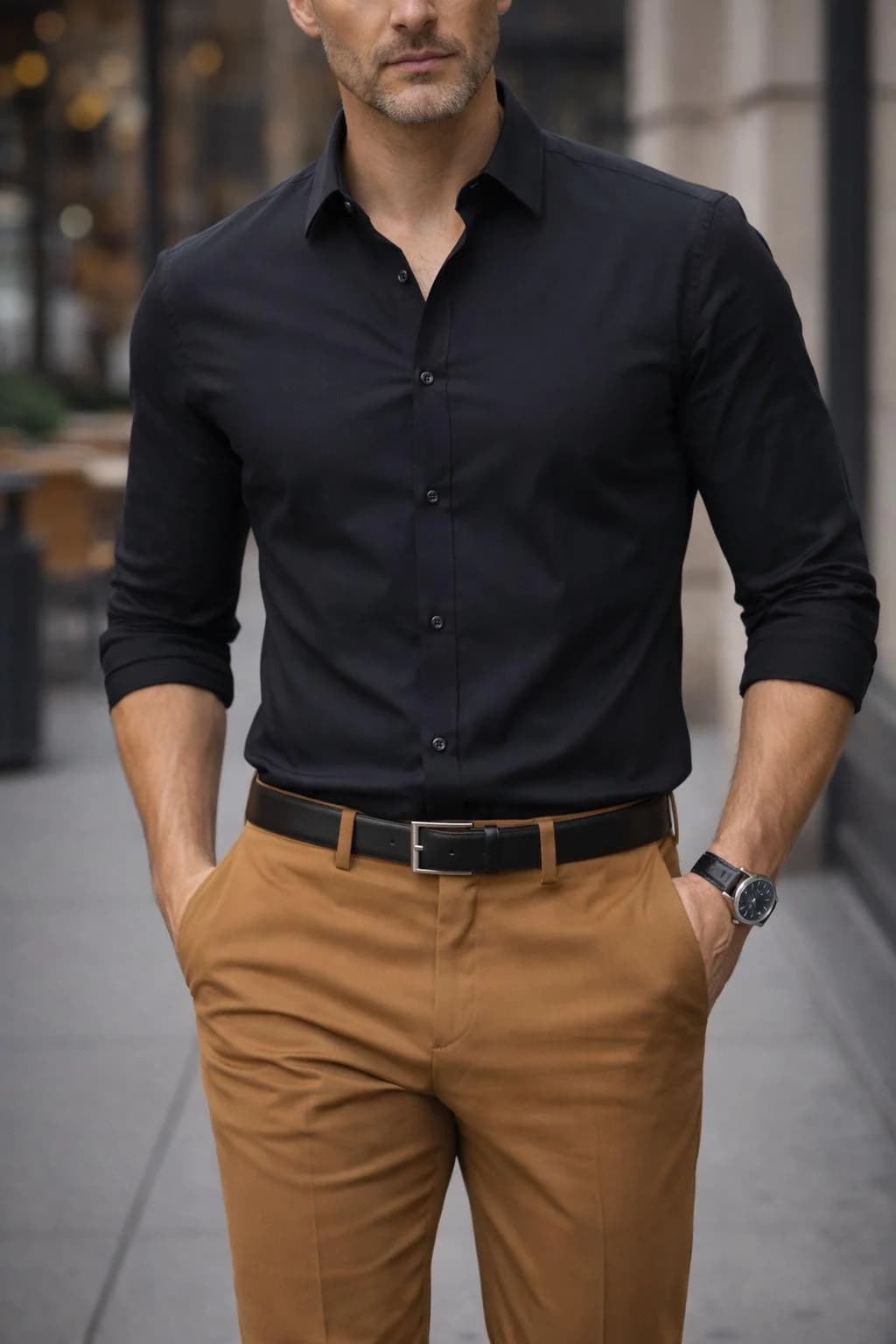 Men's Black Slim Fit Shirt Camel Trousers Set, Smart Casual Office Wear