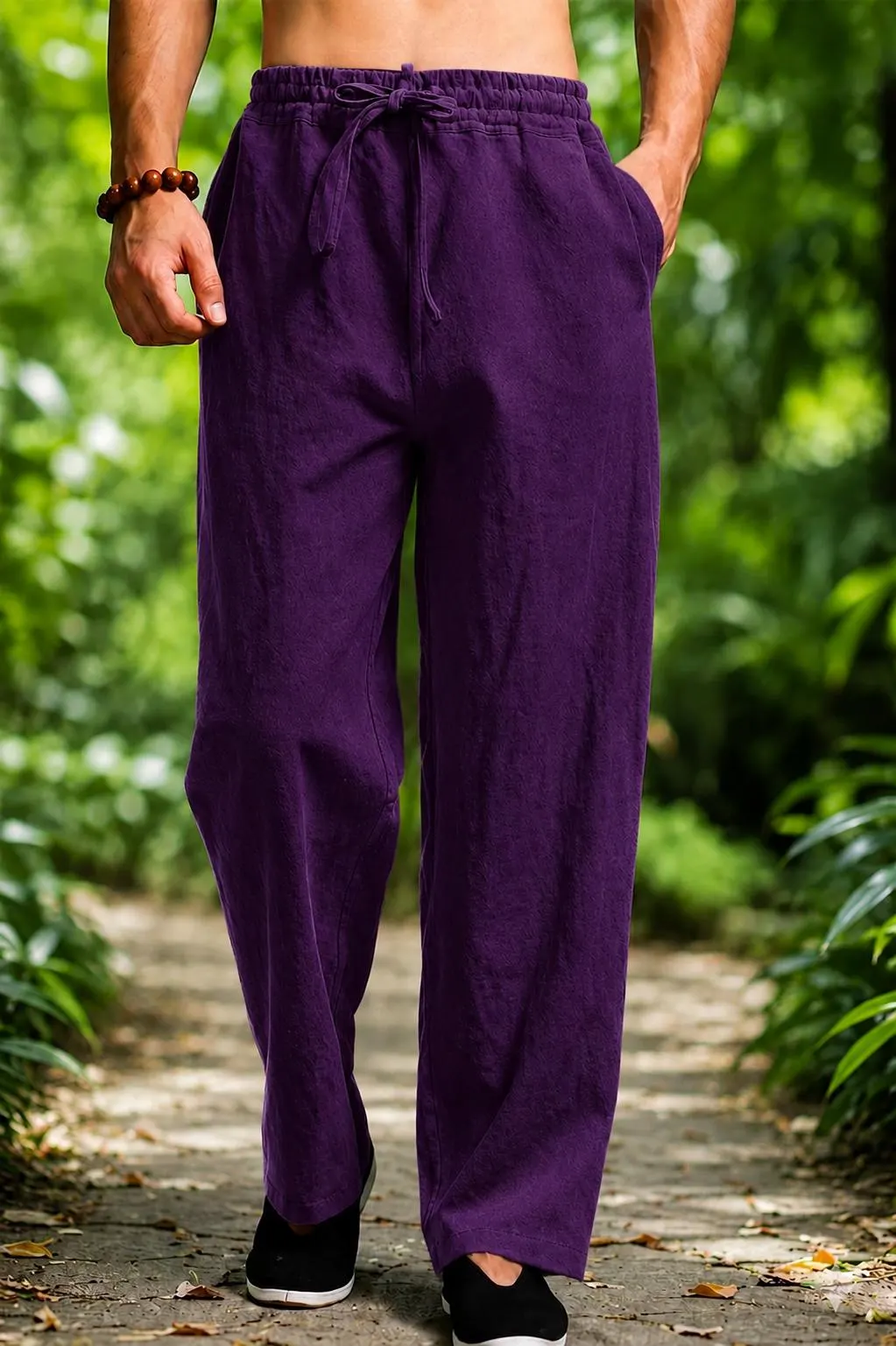 Men's Linen Cotton Trousers, Olive Green Relaxed Fit, Elastic Drawstring Waist - image 5