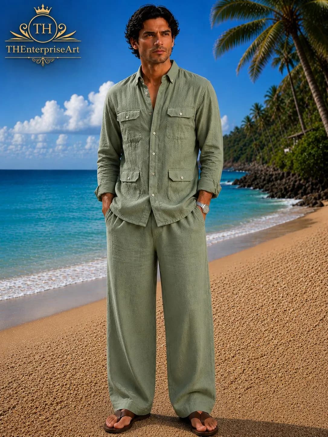Men's Sage Green Linen Shirt and Trouser Set, Beach Resort Wear Outfit