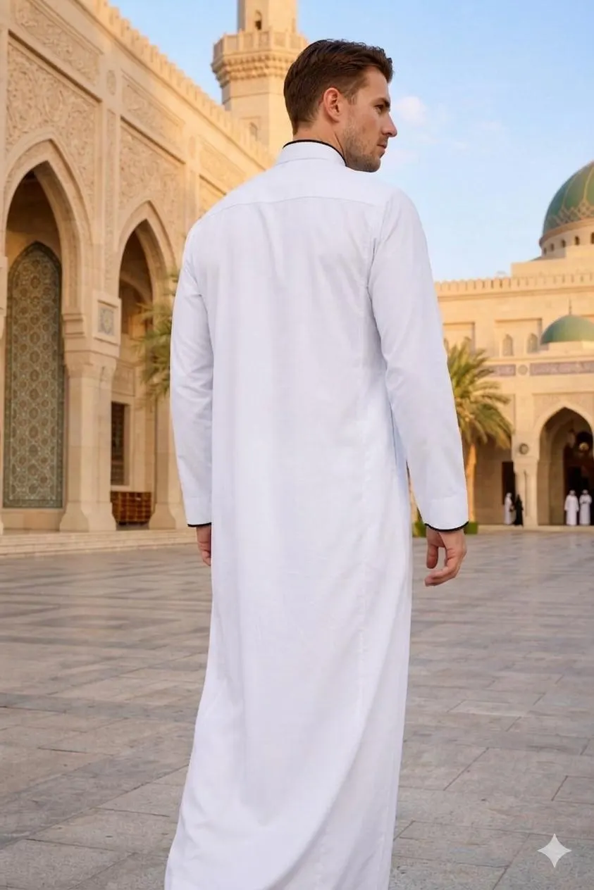 Modern White Thobe Jubba with Black Piping | Emirati Style Kandura for Men - image 5