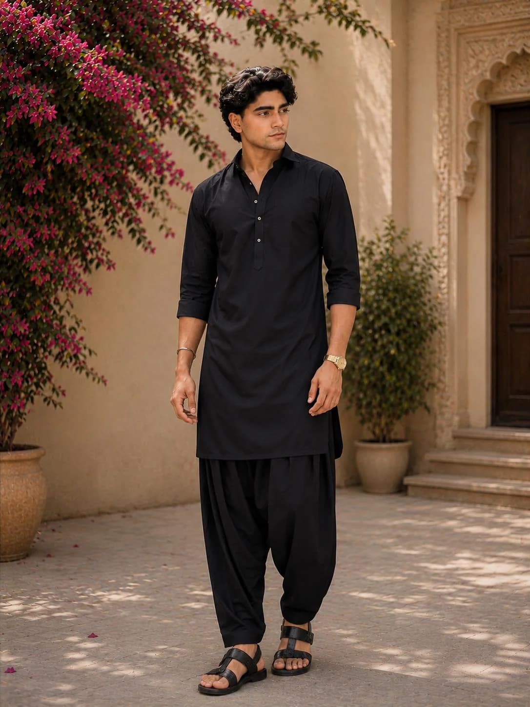 Men's Black Kurta Pajama Set | Pakistani Wedding Eid Ethnic Wear