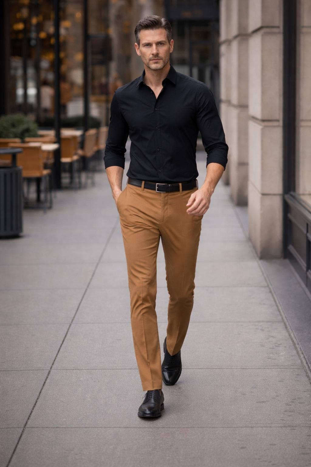 Men's Black Slim Fit Shirt Camel Trousers Set, Smart Casual Office Wear - image 3