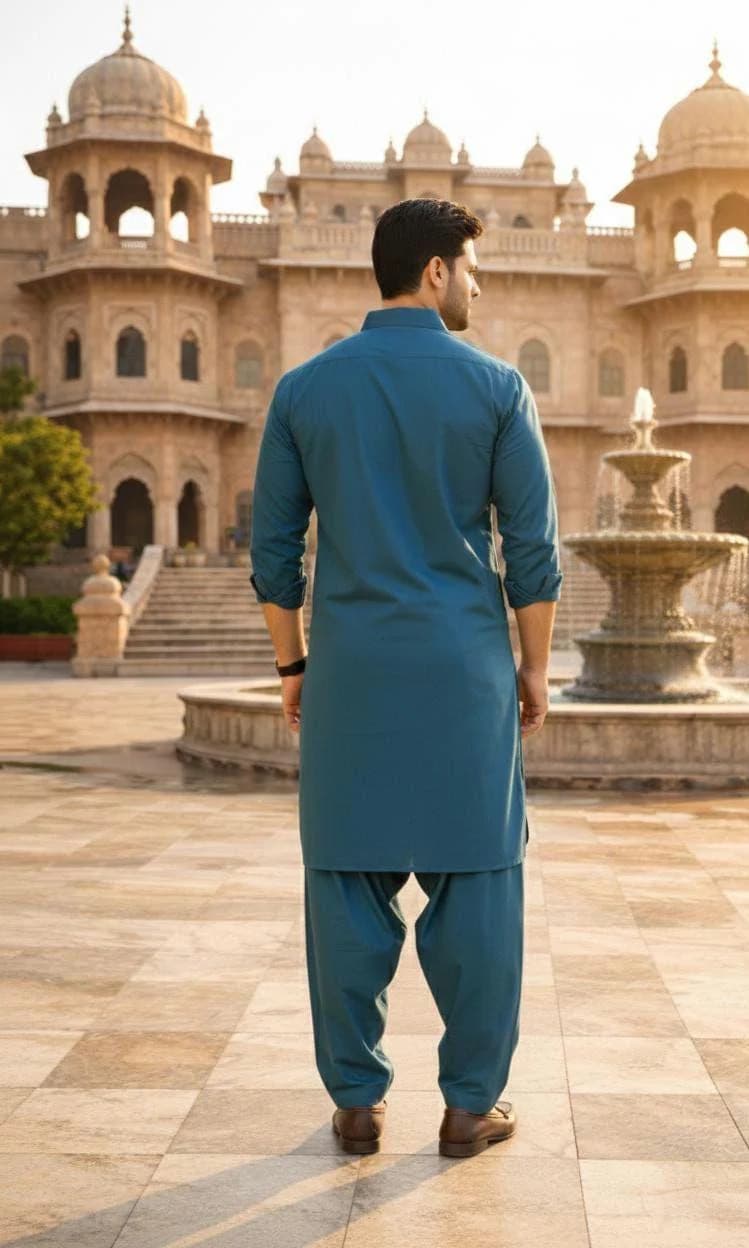 Men's Teal Blue Cotton Shalwar Kameez – Modern Slim Fit Pakistani Kurta Set - image 5