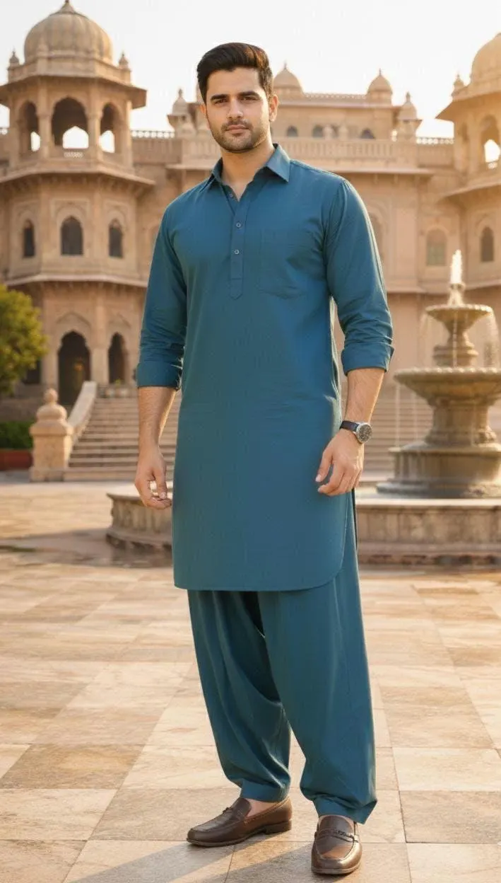 Men's Teal Blue Cotton Shalwar Kameez – Modern Slim Fit Pakistani Kurta Set