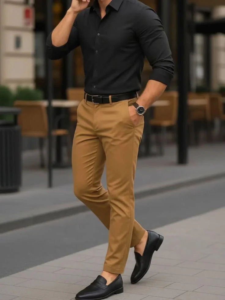 Men's Black Slim Fit Shirt Camel Trousers Set, Smart Casual Office Wear - image 4