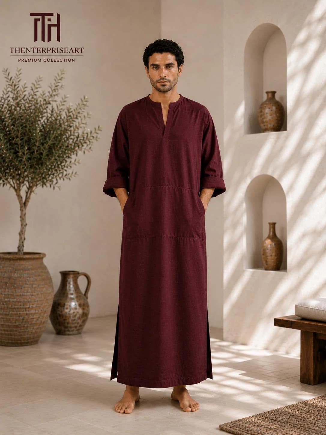 Men's Linen Blend Kaftan Robe | Arabic Thobe, Muslim Prayer Dress, Casual Long Fit