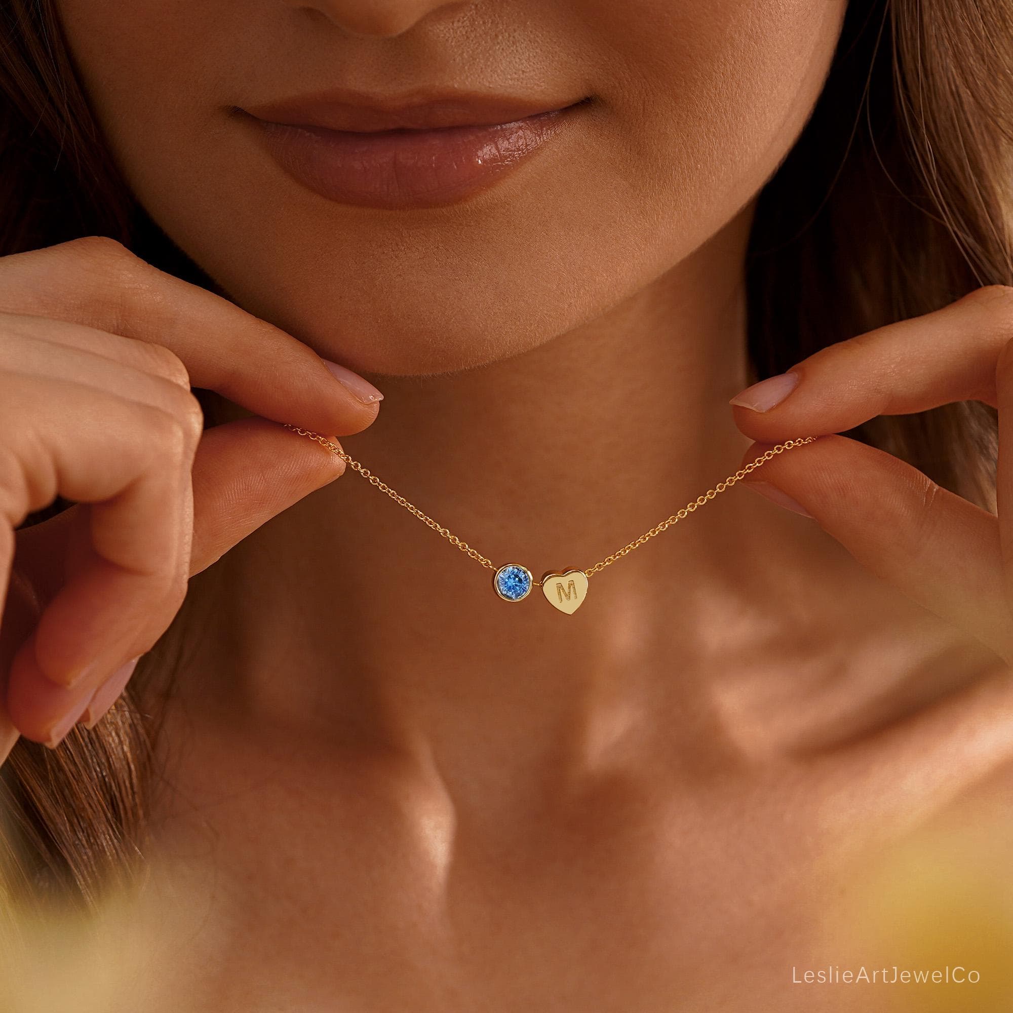 Engraved Initial Birthstone Necklace, Custom Letter Charm Necklace, Heart Birthstone Necklace, Womens Necklace, Mothers Day Gift for Her