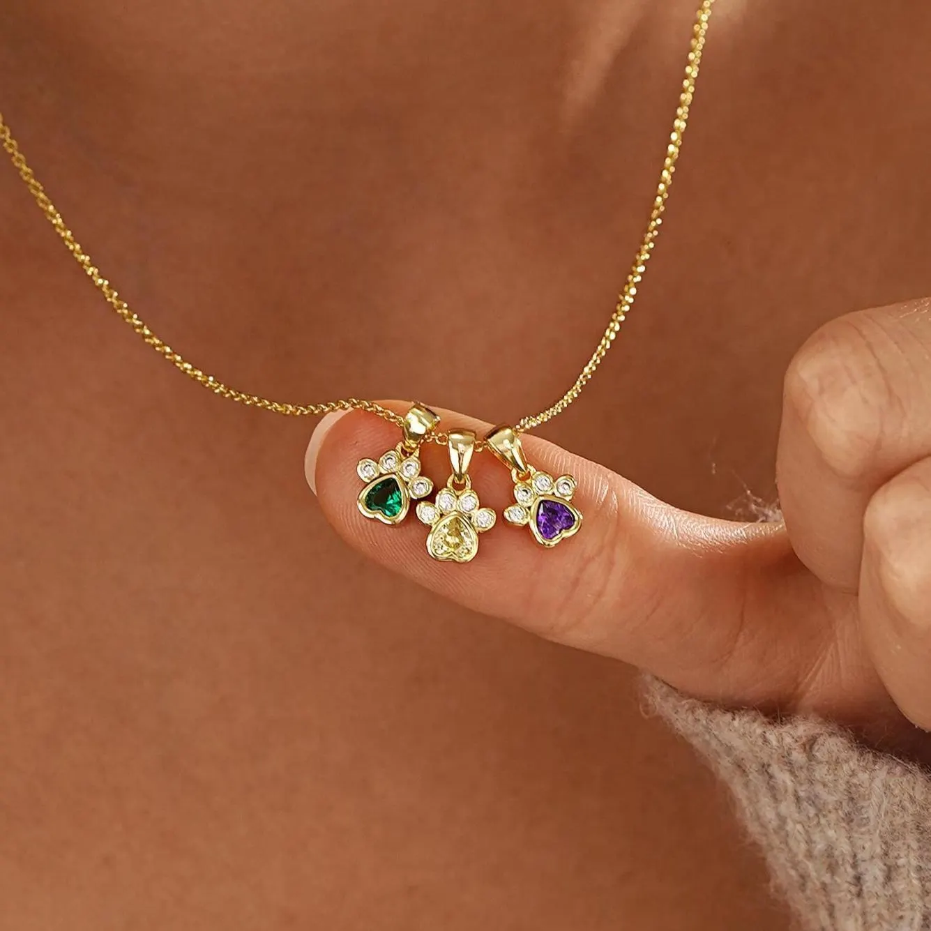 Custom Dog Paw Birthstone Necklace, Multiple Paw Necklace for Mom, Memorial Pet Necklace, Pet Friendly Gift for Sister,Birthday Gift for Her