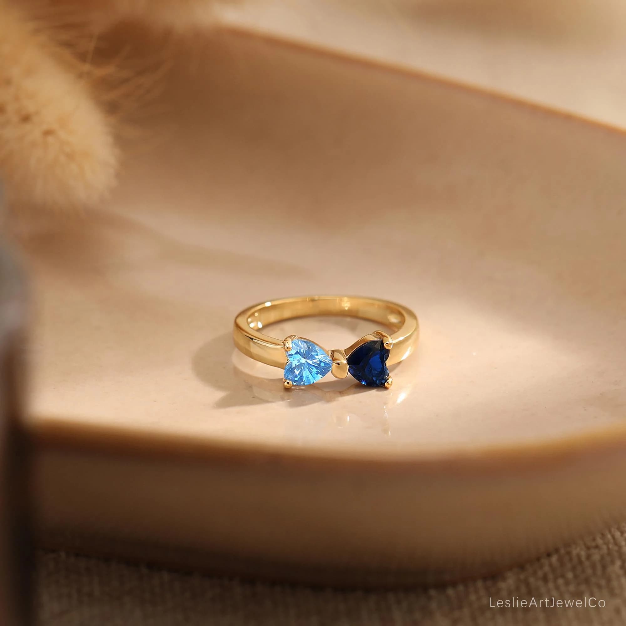 Personalised Double Heart Birthstone Ring, Minimalist Toi et Moi Bow Ring, Promise Ring for Women, Christmas Gifts for Her/Mom/Best friend