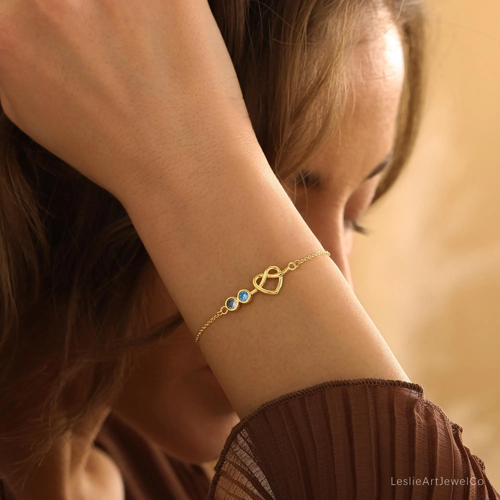 Personalized Heart Birthstone Bracelet, Heart Knot Birthstone Necklace, Gold Family Mother Necklace, Birthday Gift, Mothers Day Gift for Her