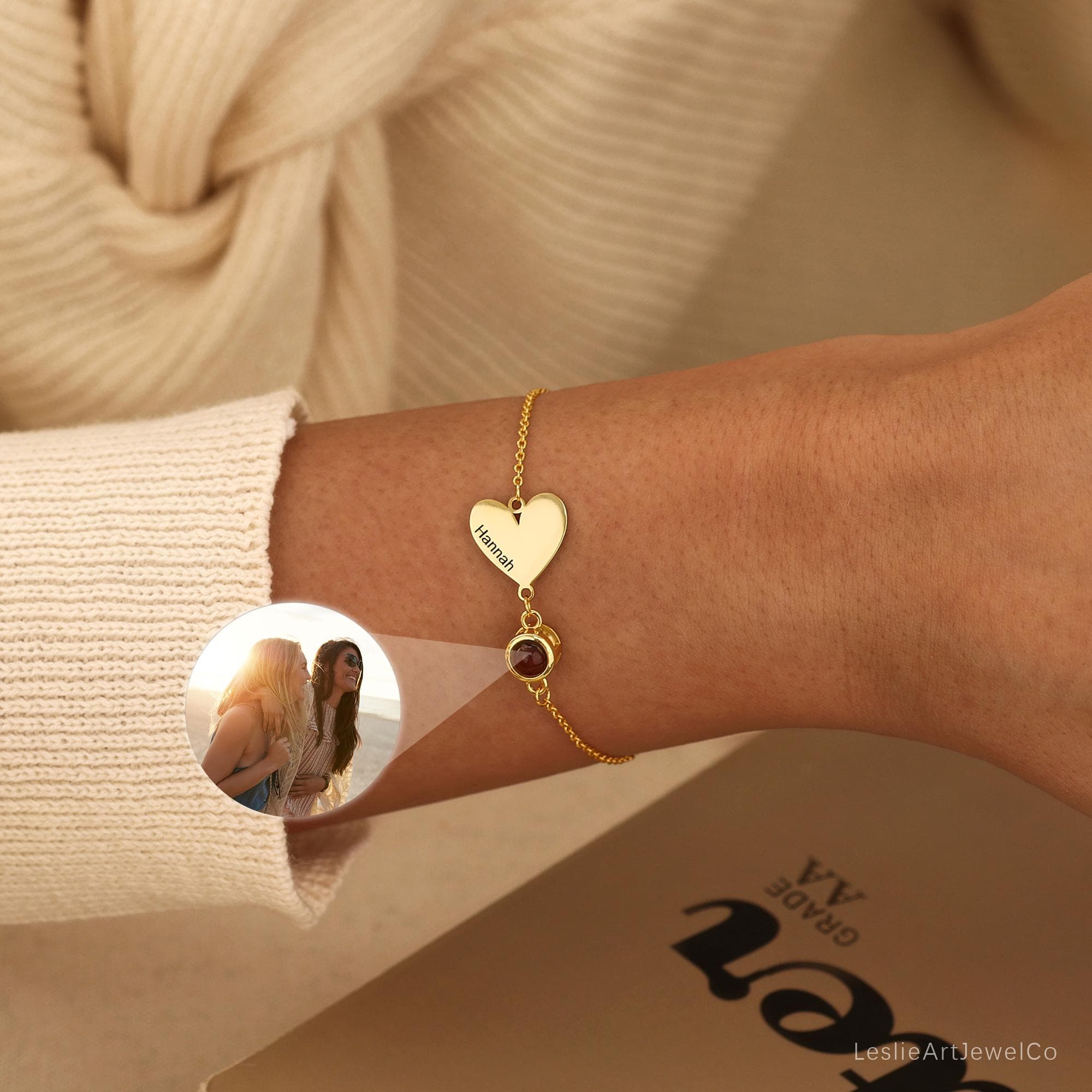 Heart Name Projection Bracelet, Meaningful Photo Bracelet, Picture Bracelet, Gold Charm Bracelet, Mother Bracelet, Christmas Gifts for Her - image 3