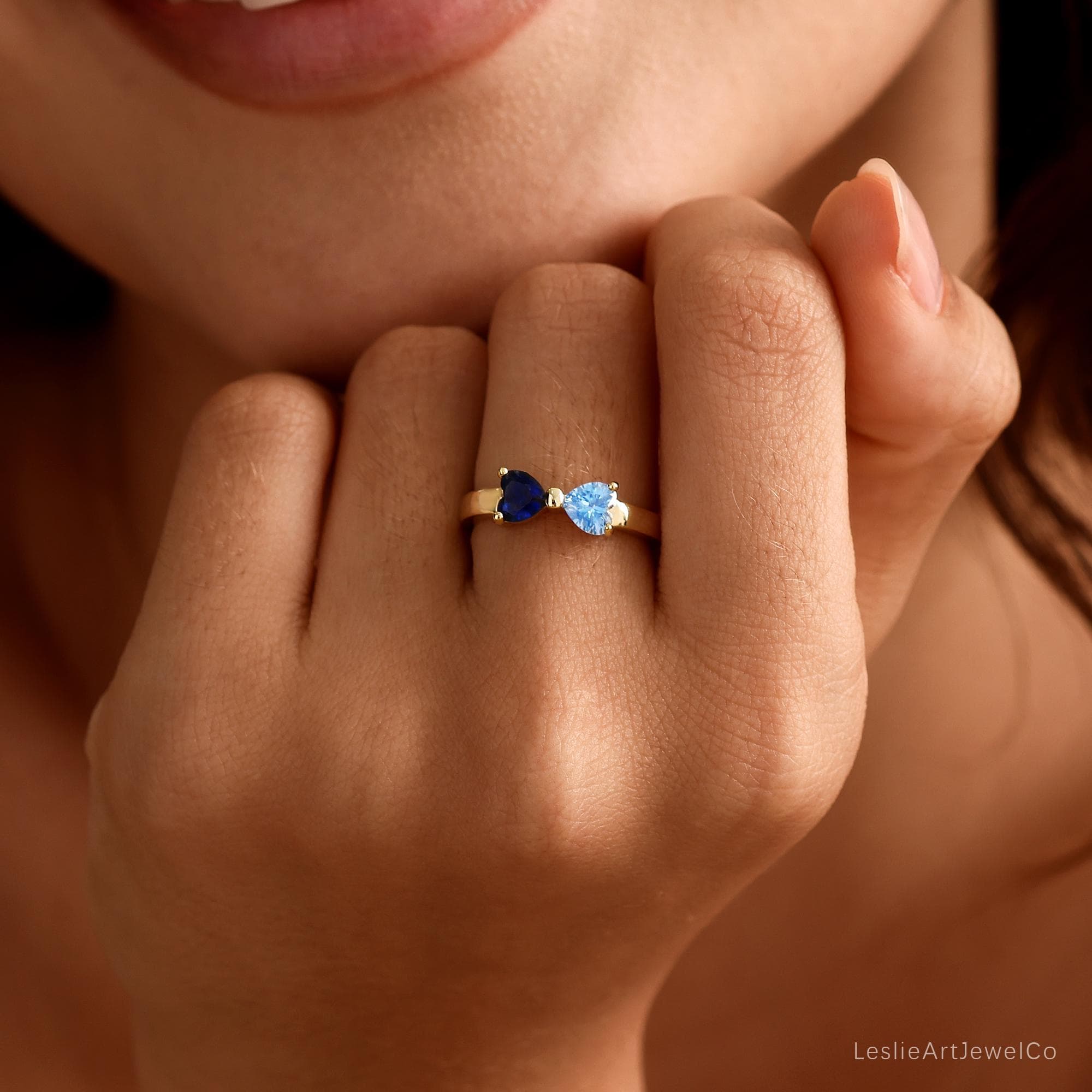 Personalised Double Heart Birthstone Ring, Minimalist Toi et Moi Bow Ring, Promise Ring for Women, Christmas Gifts for Her/Mom/Best friend - image 3
