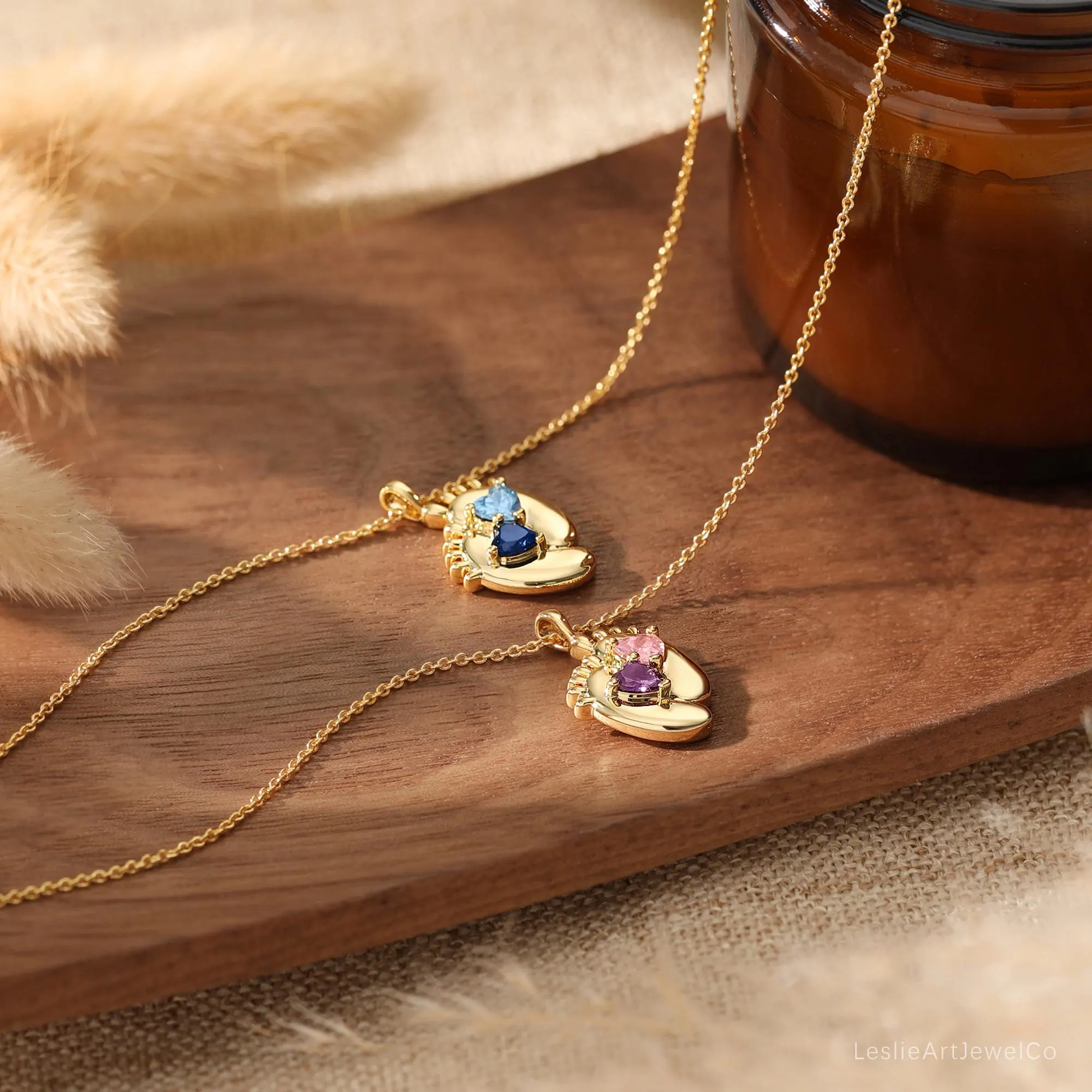 Custom 2 Heart Birthstone Baby Foot Necklace, Baby Feet Necklace, Birthstone Necklace for Mom, New Mom Gifts, Baby Shower Gifts for Mother