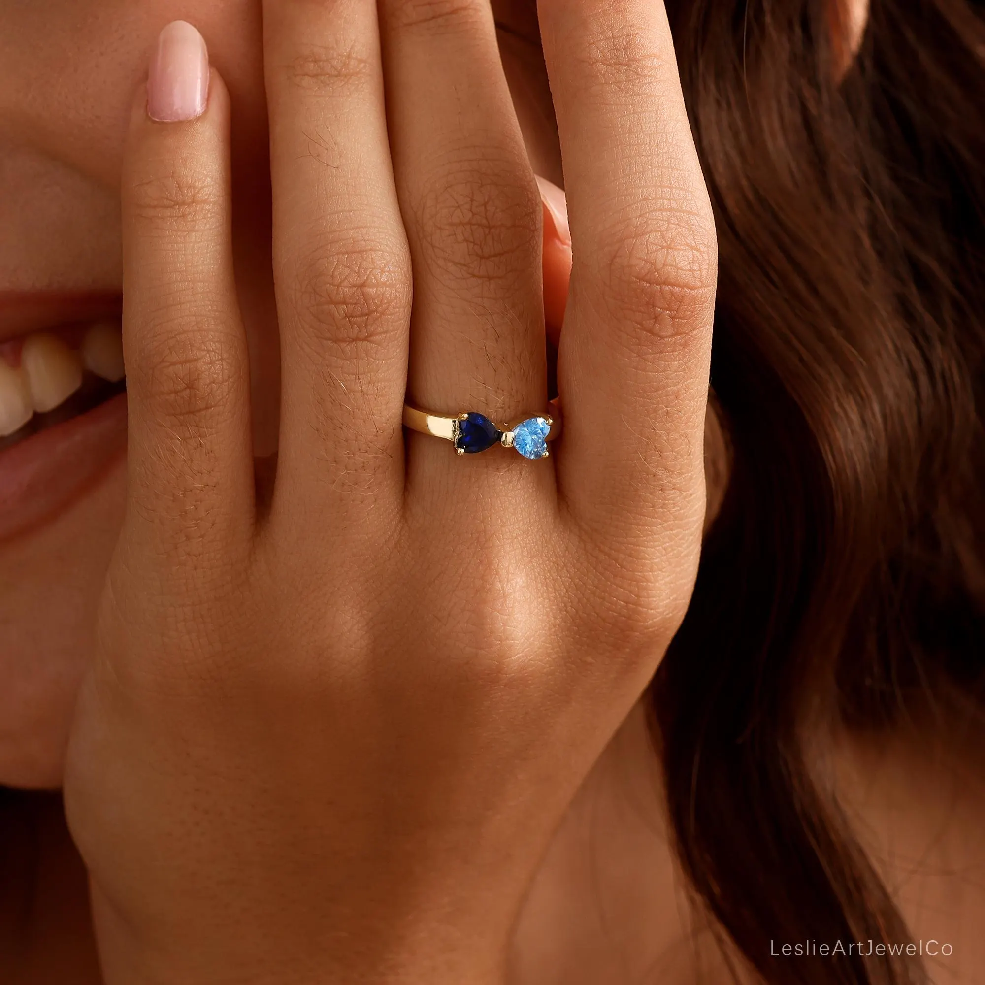 Personalised Double Heart Birthstone Ring, Minimalist Toi et Moi Bow Ring, Promise Ring for Women, Christmas Gifts for Her/Mom/Best friend - image 5