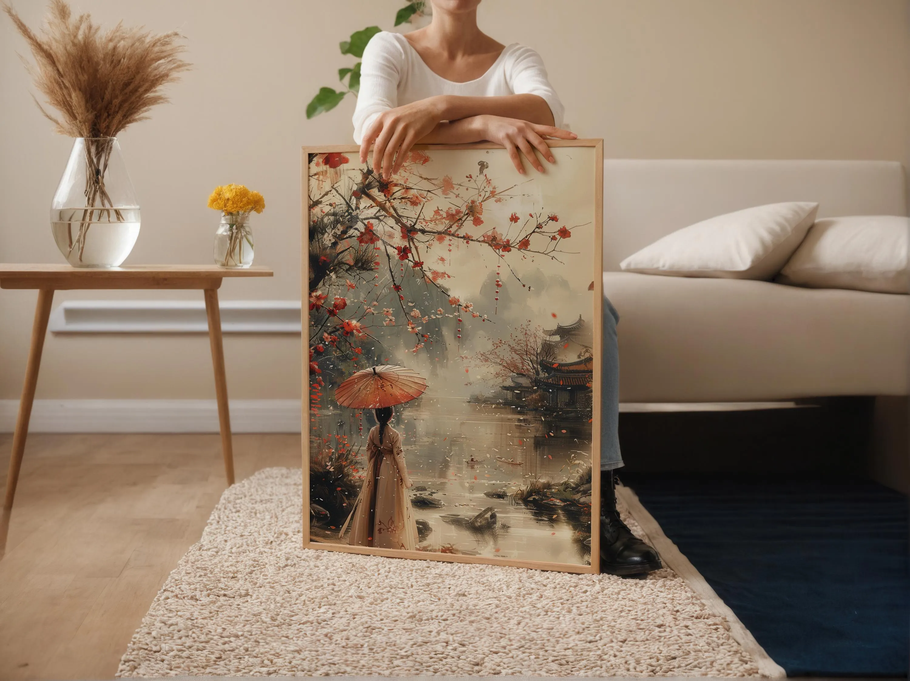 Korean Woman in Hanbok, River Scene with Cherry Blossoms - image 4