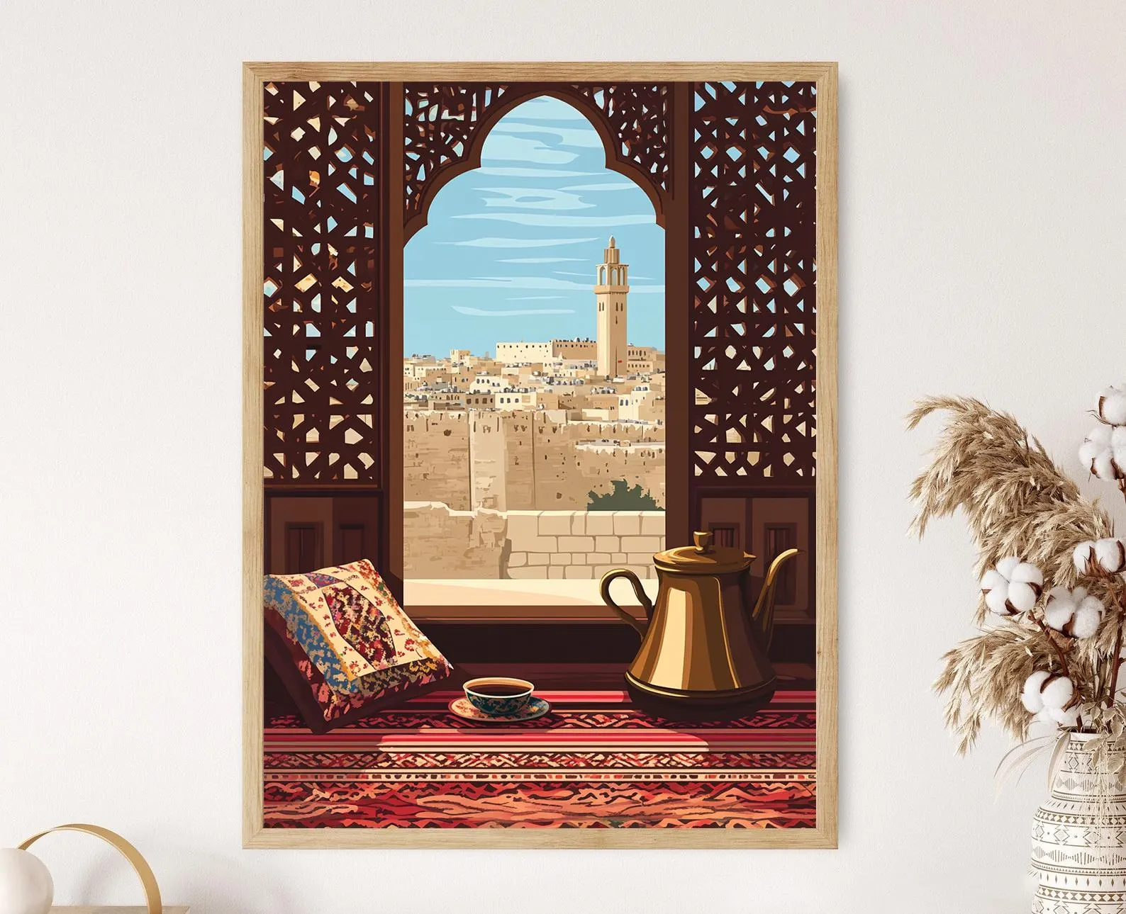 Aleppo Historic Mashrabiya Illustration, Citadel View, Traditional Syrian Carvings